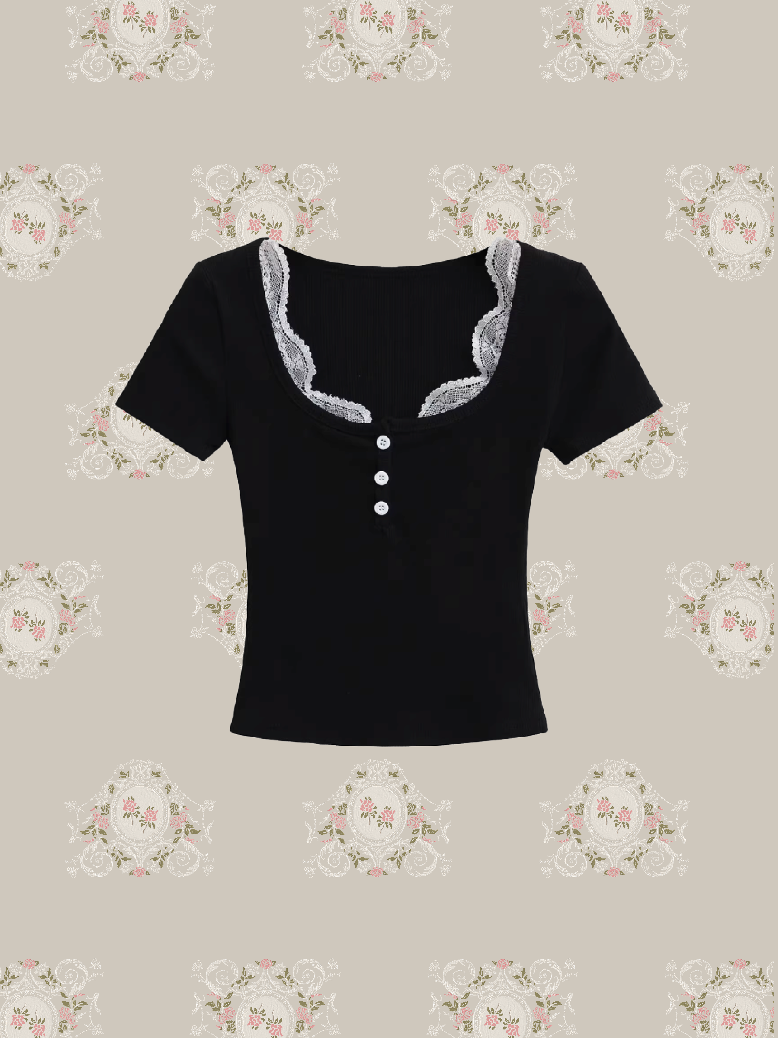 Lace Stitching Square Collar Top/レースステッチスクエアカラートップス