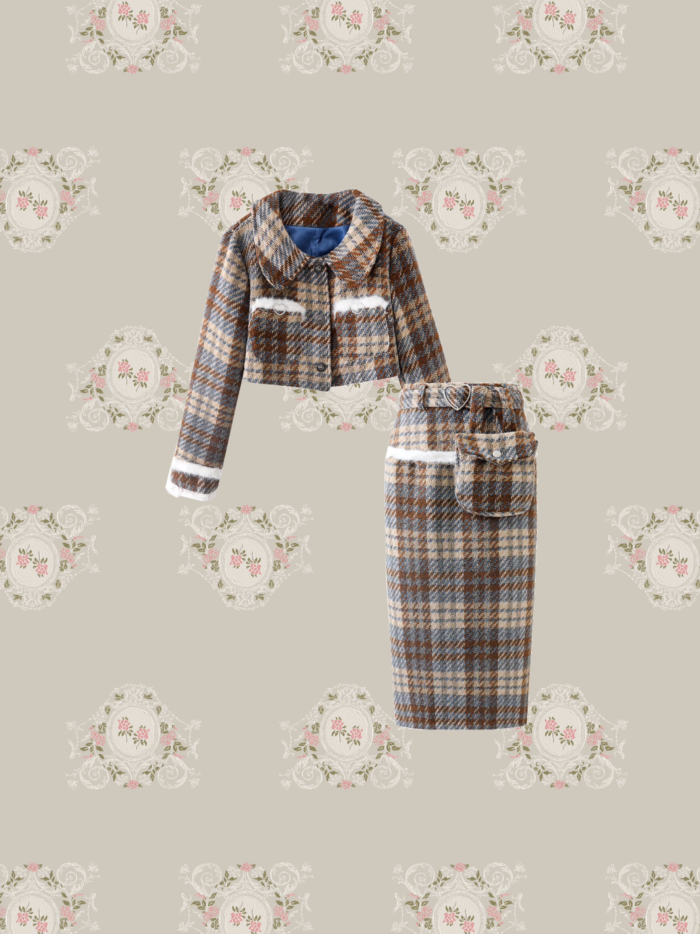 Fluffy Plaid Short Coat Set-Up/ふわふわチェックショートコートセットアップ