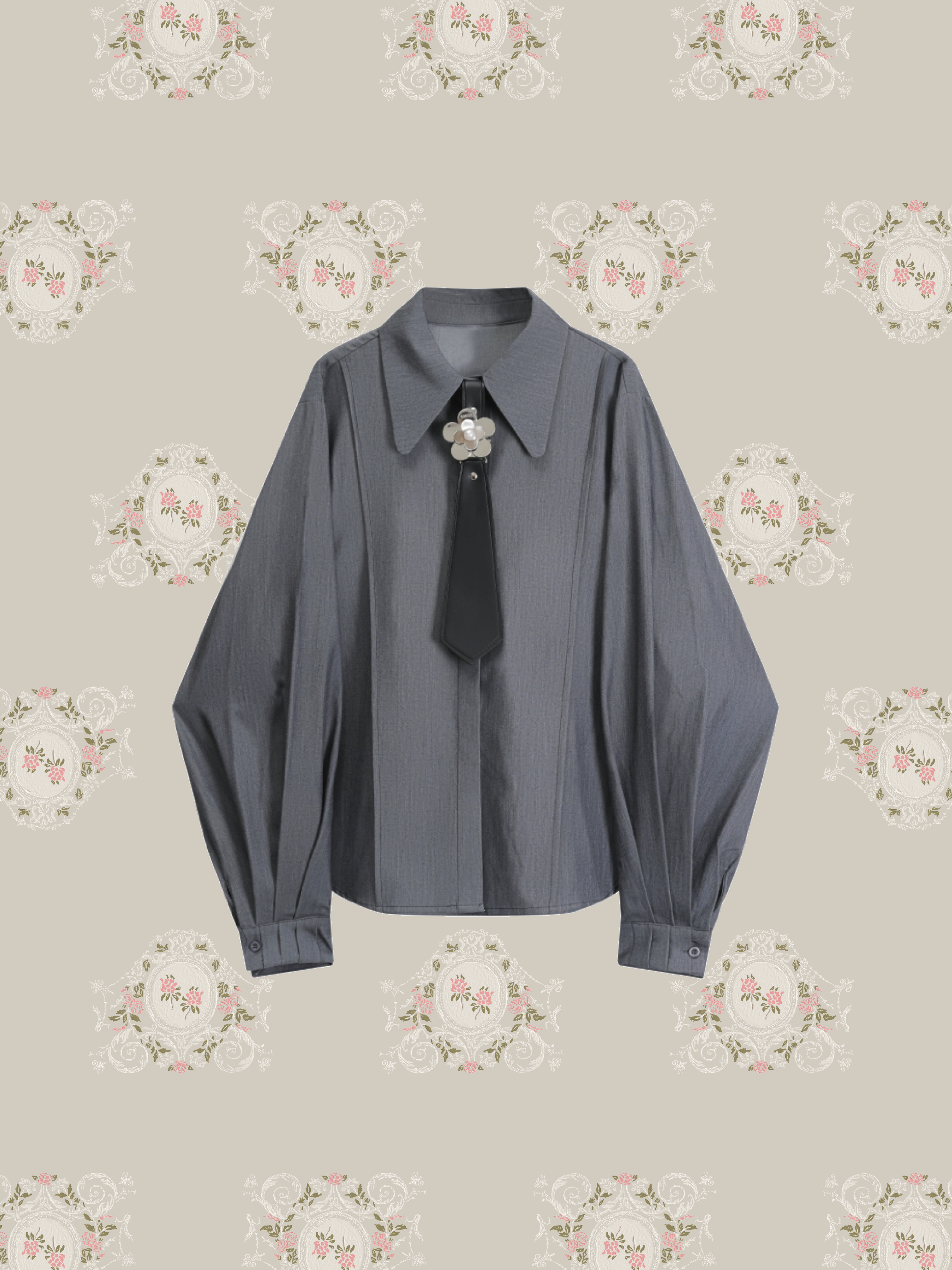 Silver Flower Leather Tie Shirt. シルバー フラワー レザー タイ シャツ