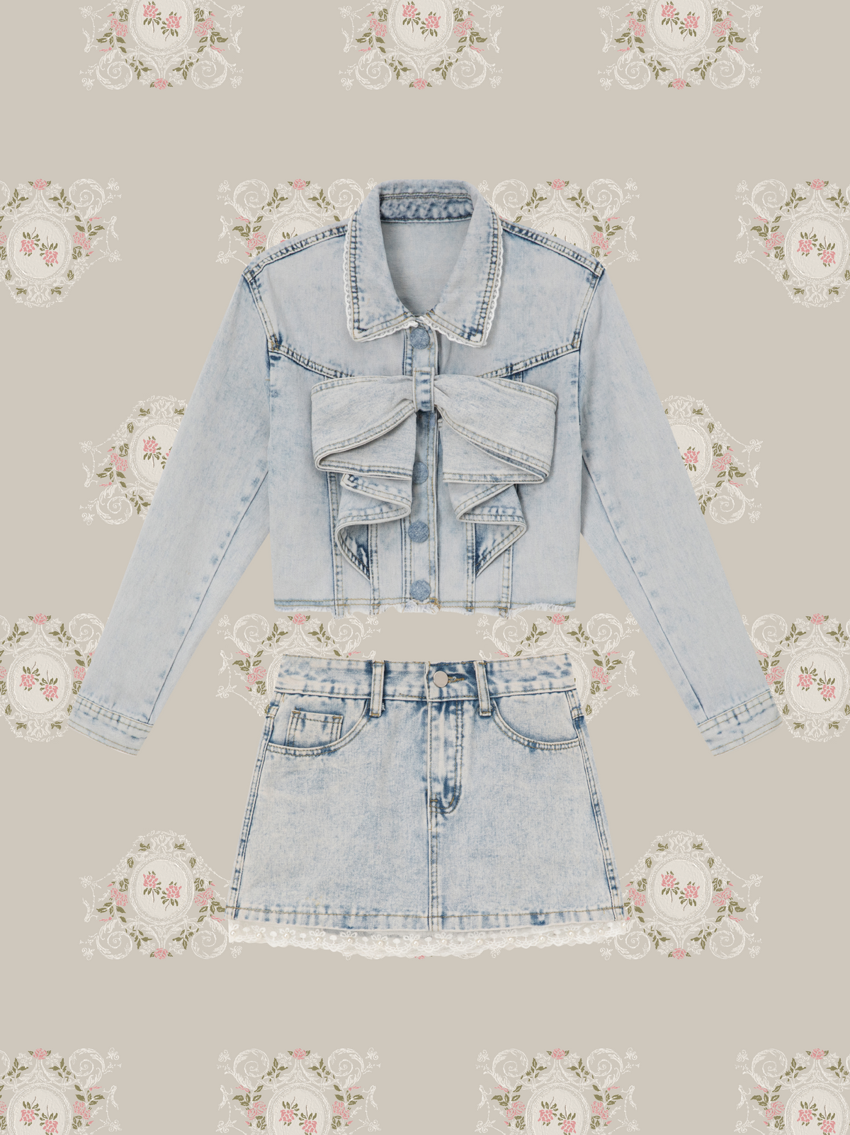 Bow Ruffle Cropped Denim Jacket Set Up/リボンラッフルクロップドデニムジャケットセットアップ