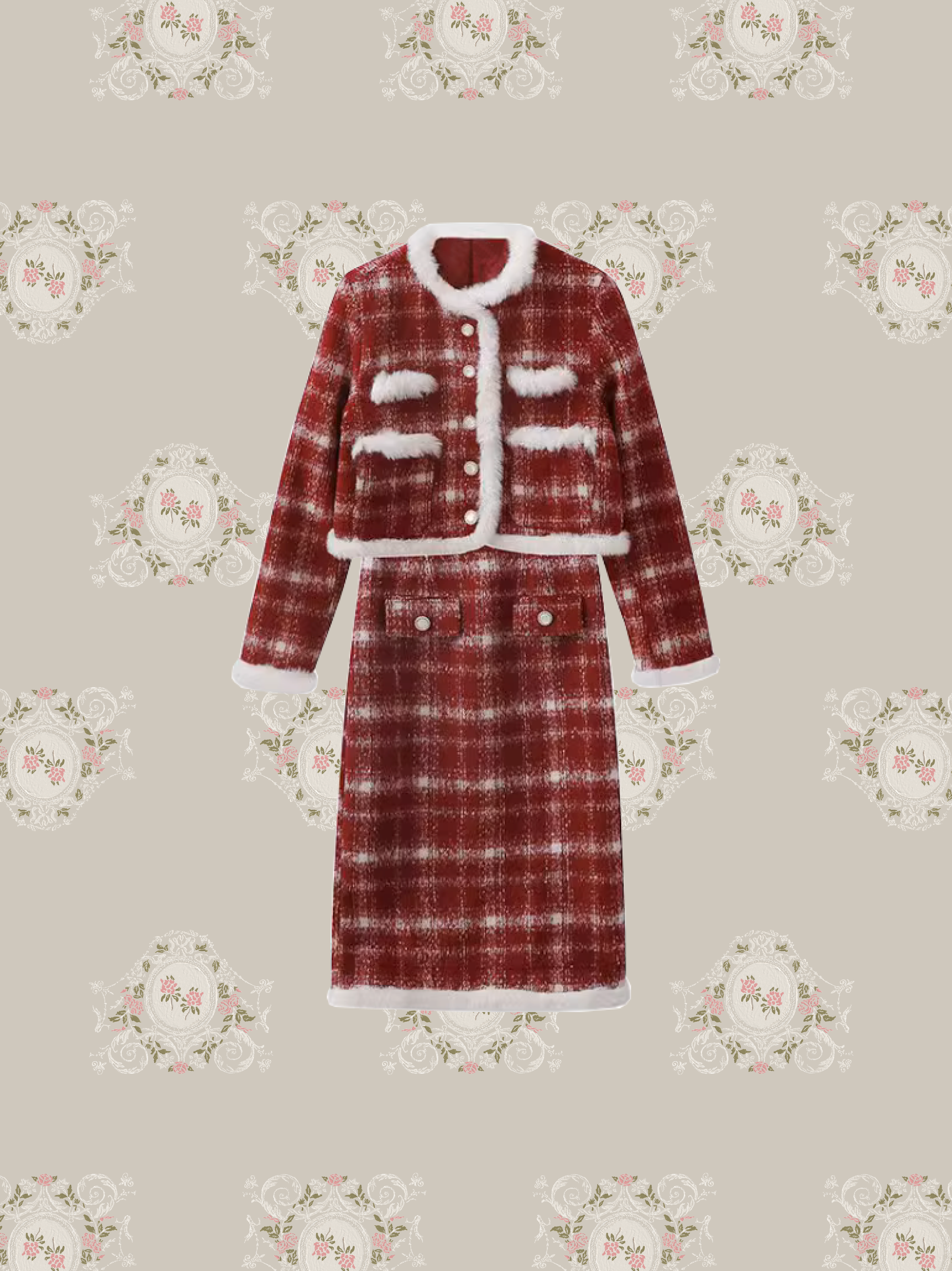 Check Fur Red Set Up Long Skirt/チェックファーレッドセットアップロングスカート