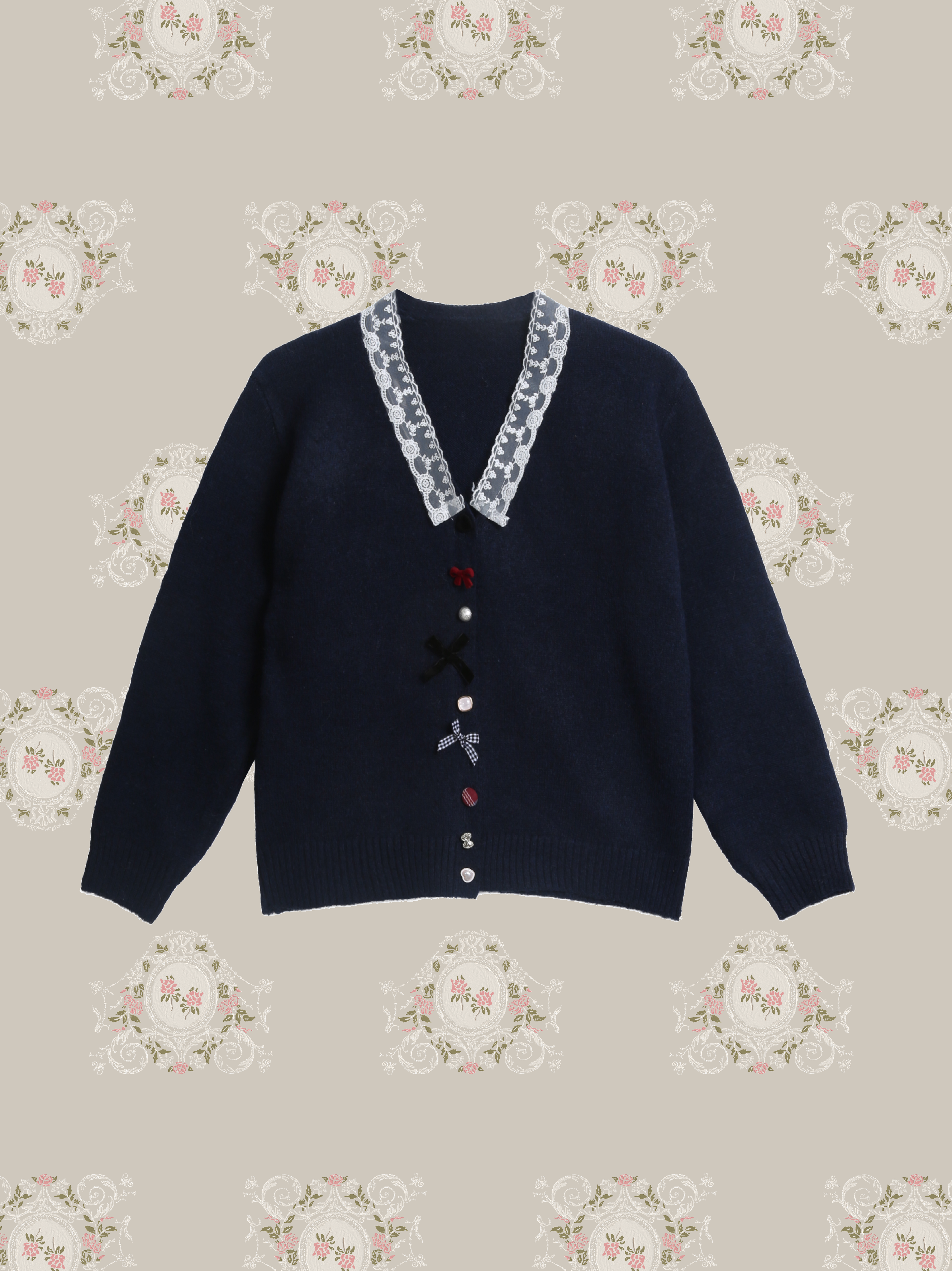 Lace Detail Ribbon Deco Cardigan/レースリボンデコカーディガン