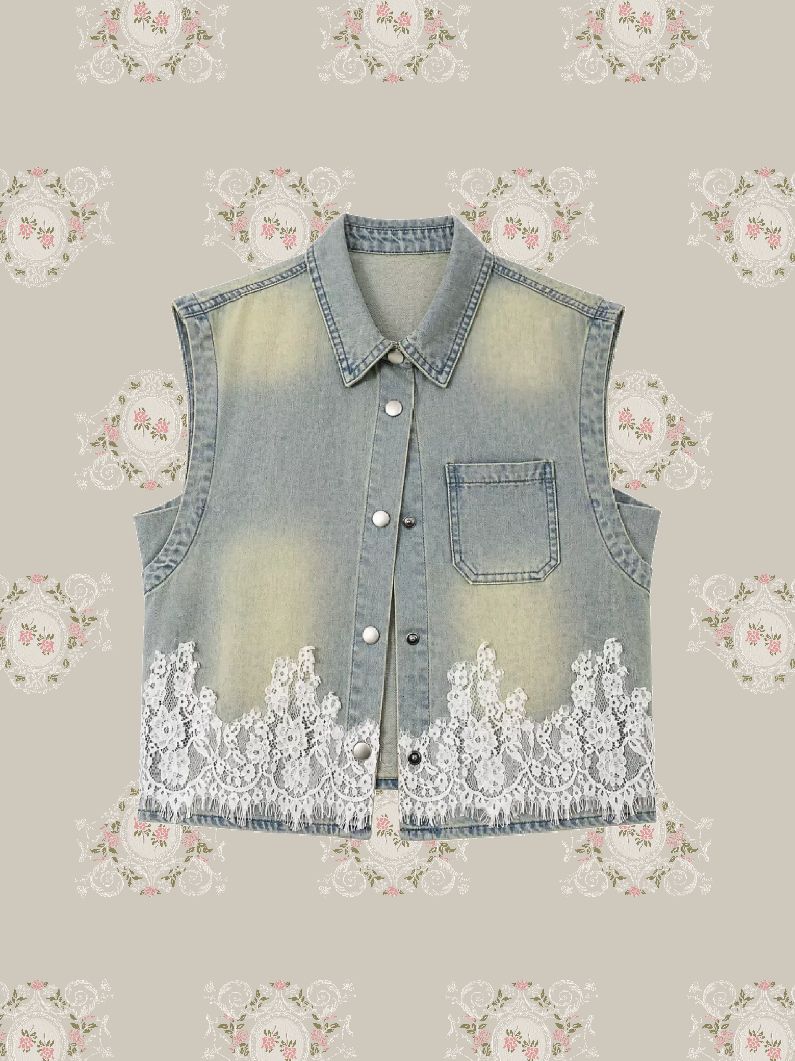 Retro Lace Deco Denim Vest/レトロレースデコデニムベスト