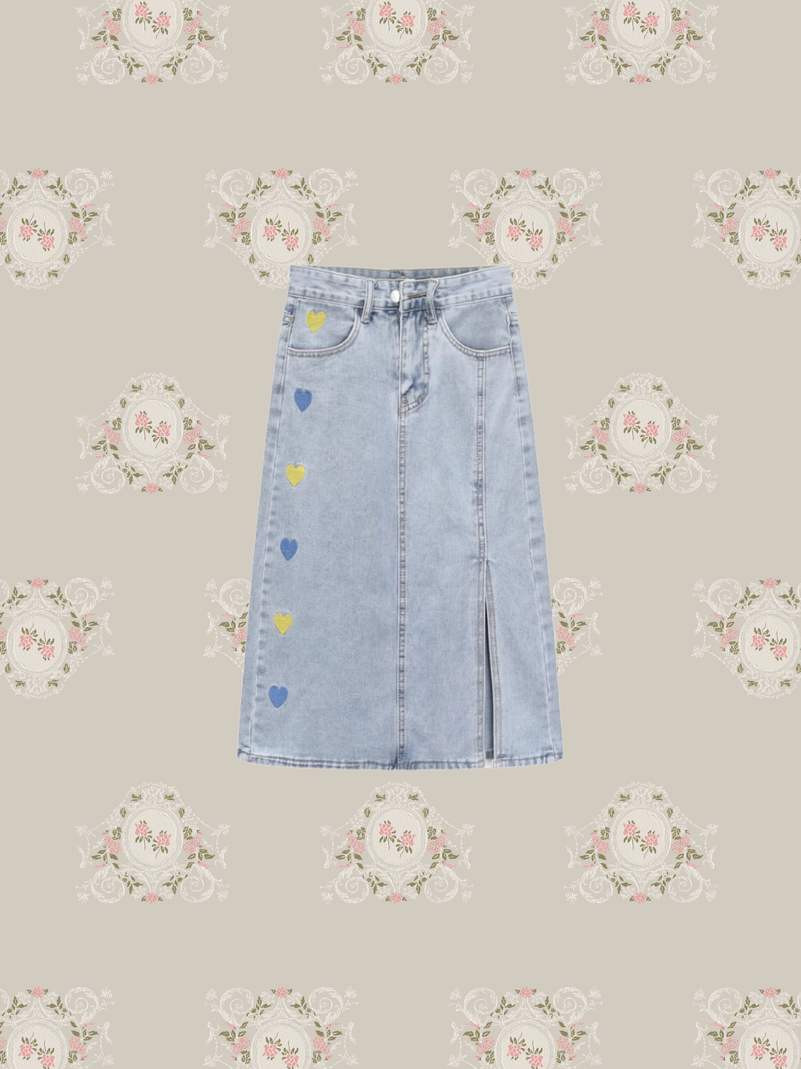 Heart Embroidery Midi Denim Skirt