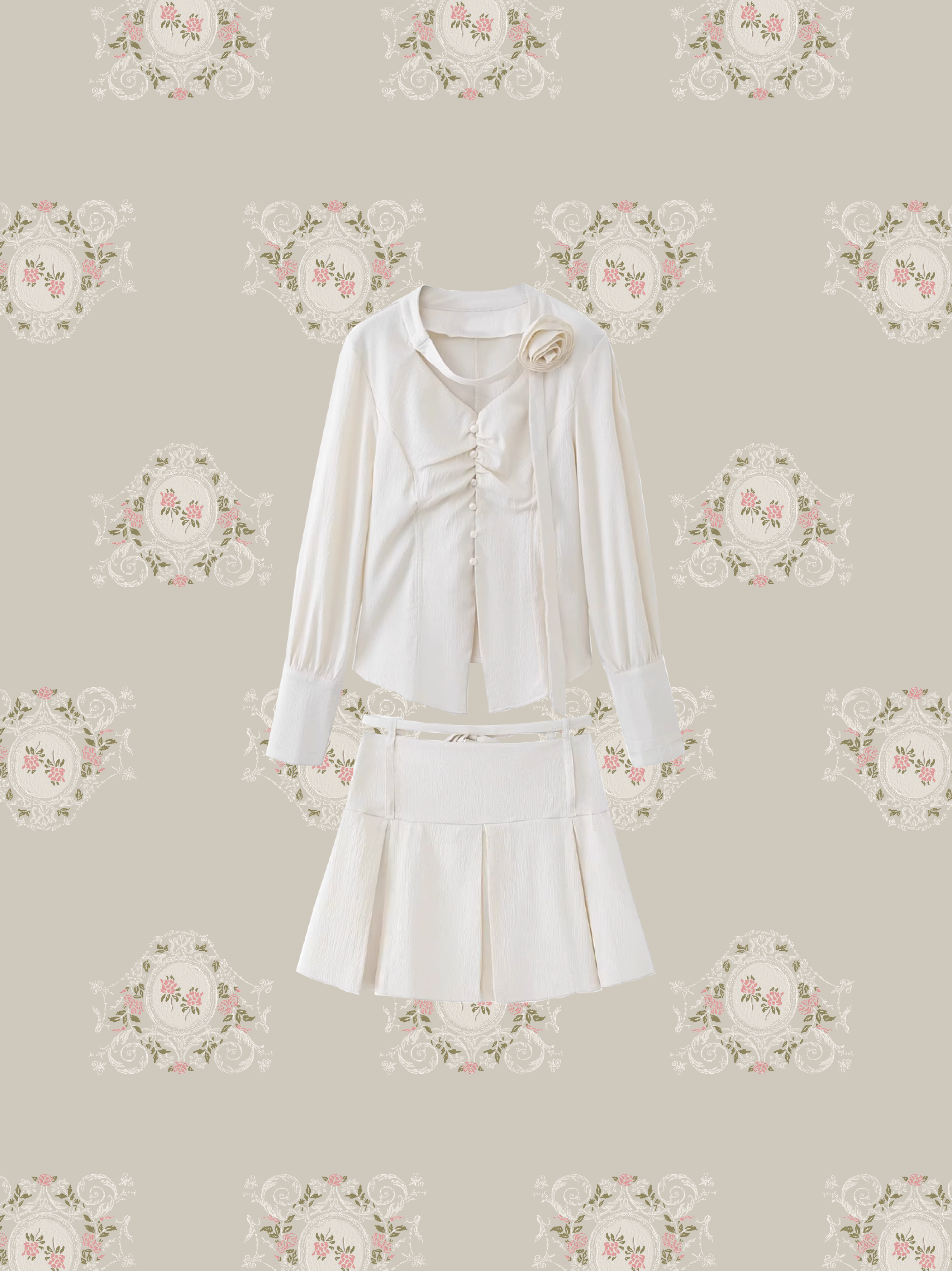 V Neck Rose Shirt Set Up/Vネックローズシャツセットアップ