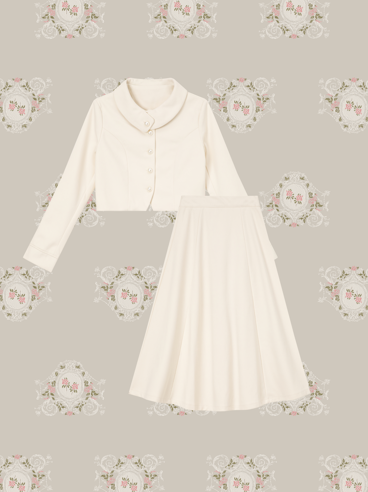 Solid Collared Cropped Jacket Maxi Flare Skirt Set Up/無地襟付きクロップドジャケット&マキシフレアスカートセットアップ