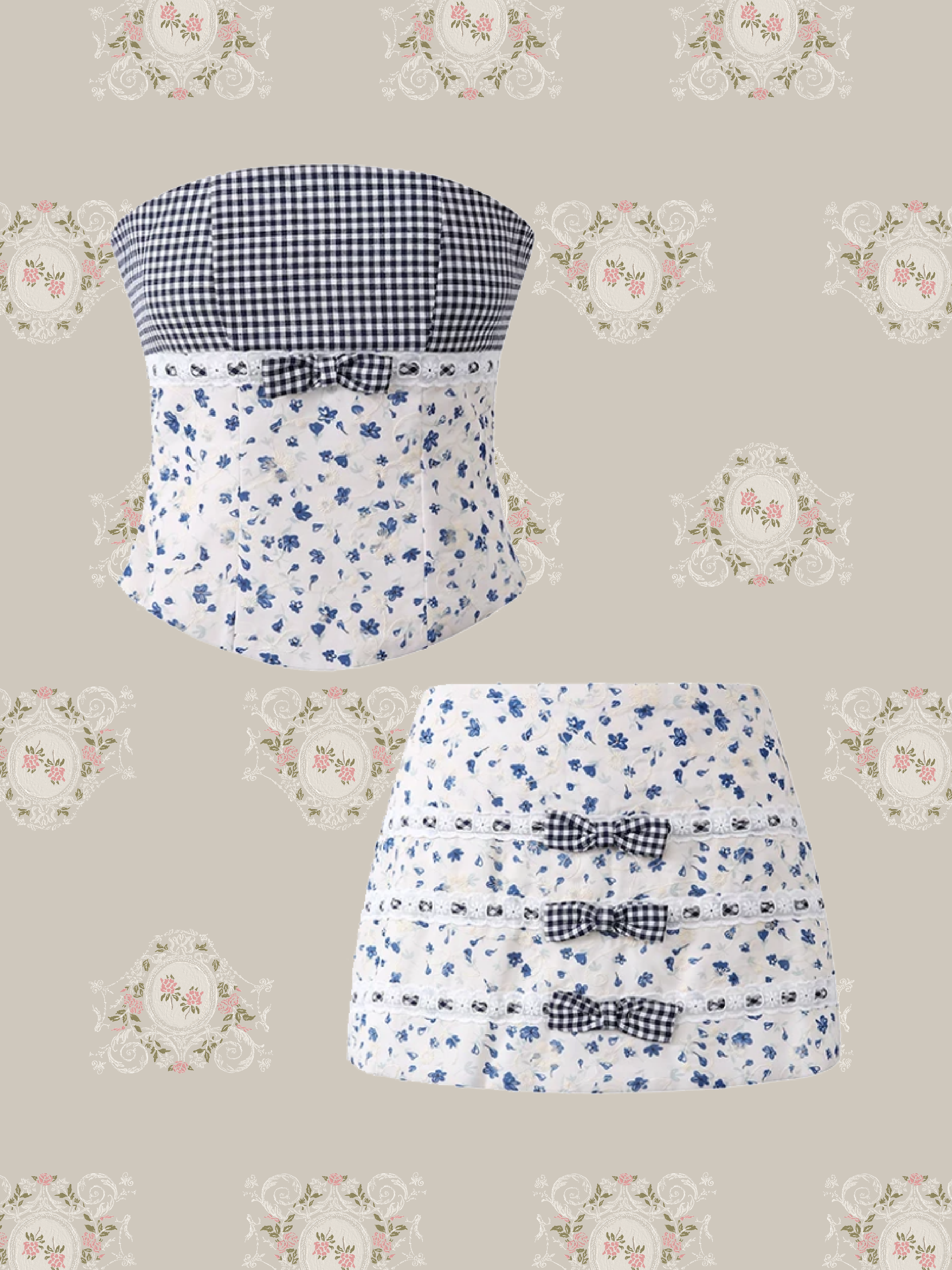 Strapless Gingham Floral Bow Set Up/ストラップレスギンガムチェック柄リボンセット