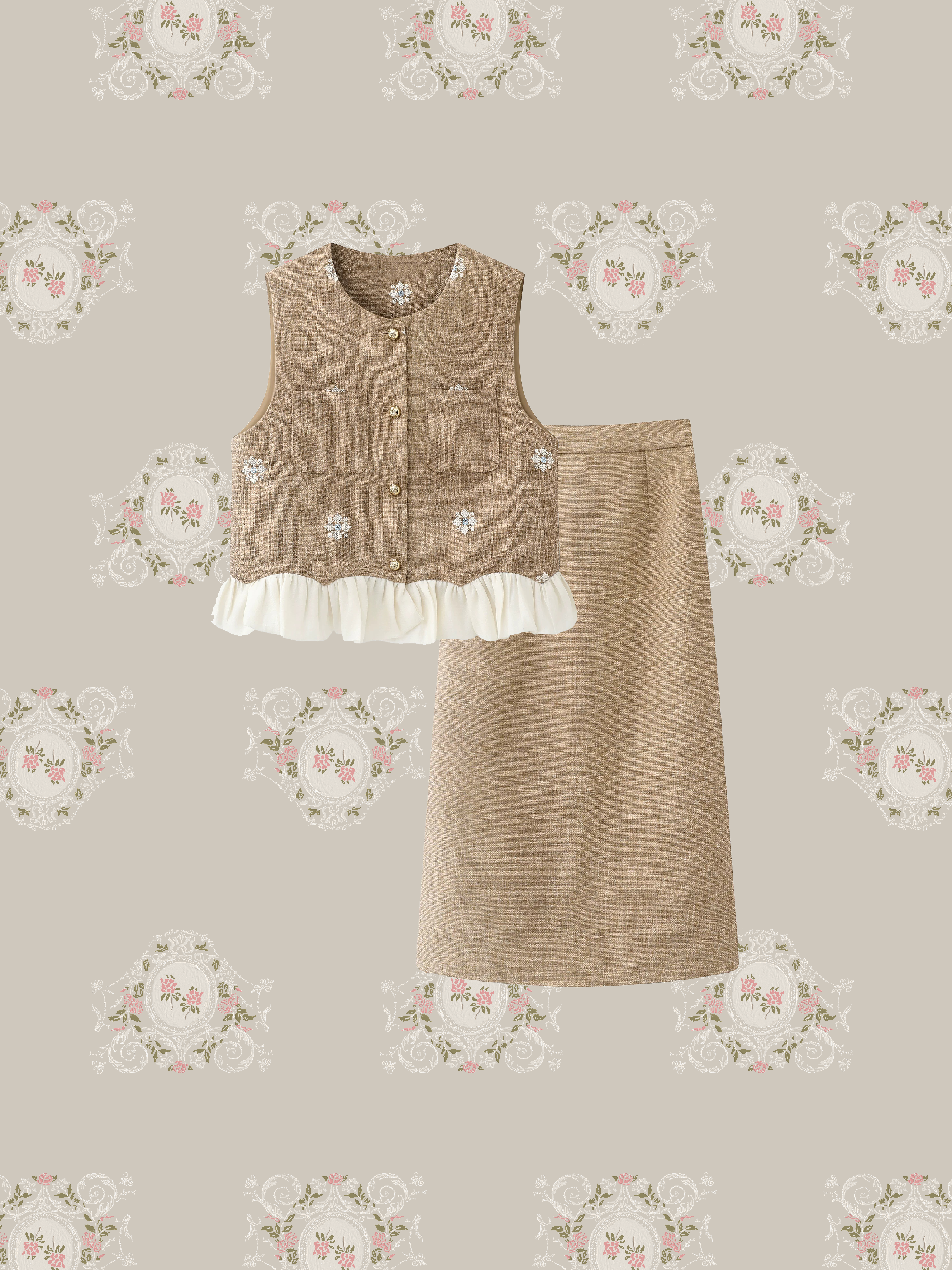 Flare Embroidery Vest Set Up/フレア刺繍ベストセットアップ