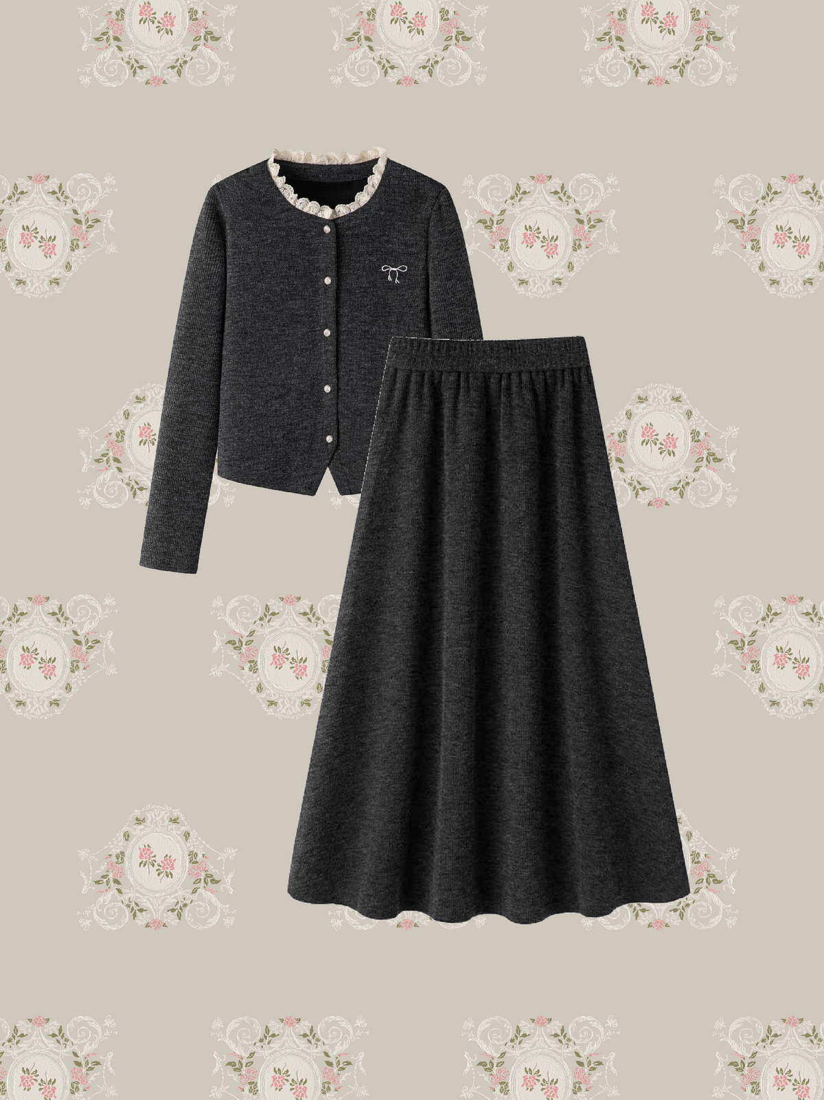 Lace Trim Round Collar Knit Cardigan Long Skirt Set Up/レーストリムラウンドカラーニットカーディガンロングスカートセットアップ