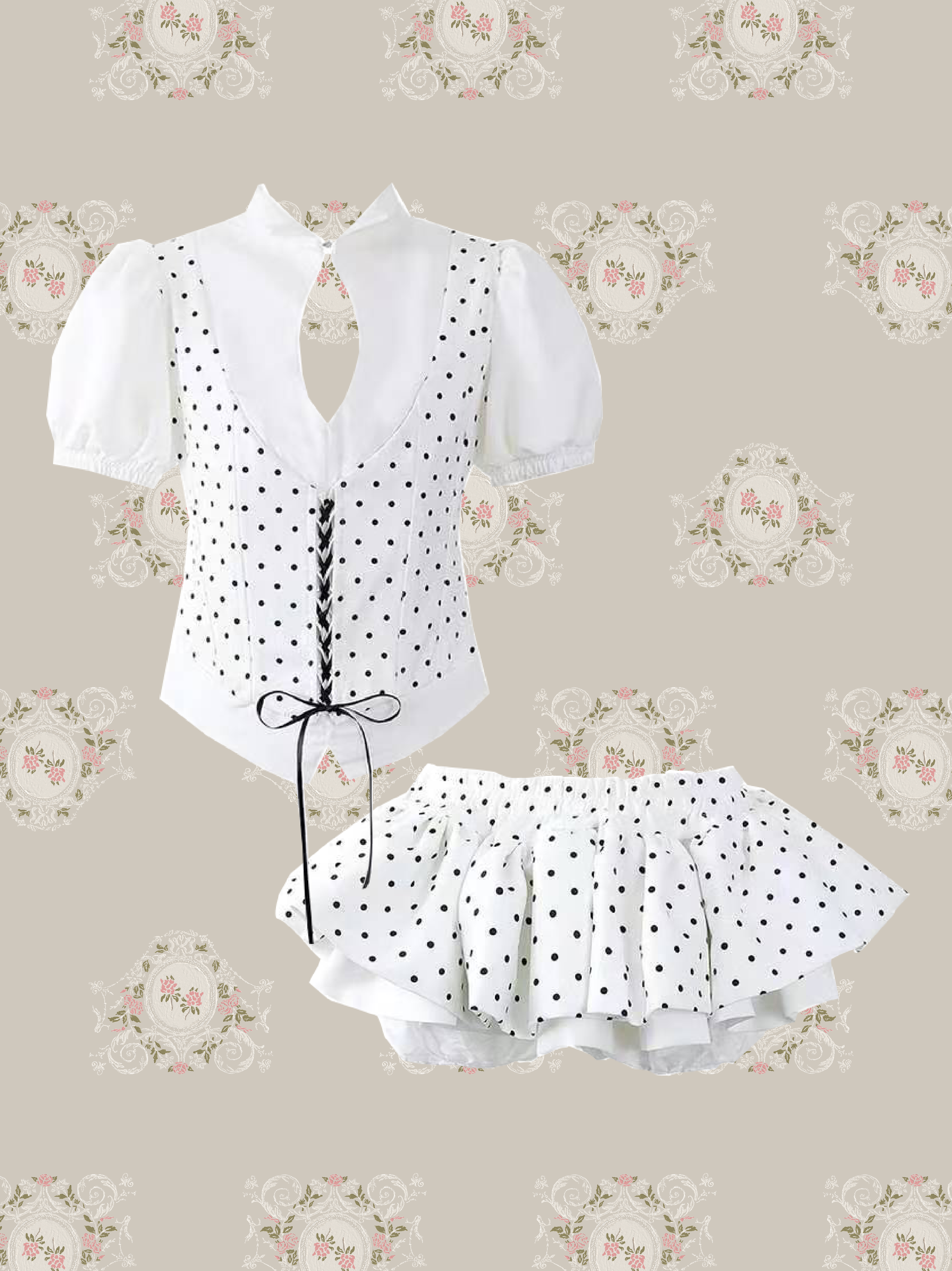 Ivory Polka Lace Up Flare Skirt Set Up/アイボリードット柄レースアップフレアスカートセット