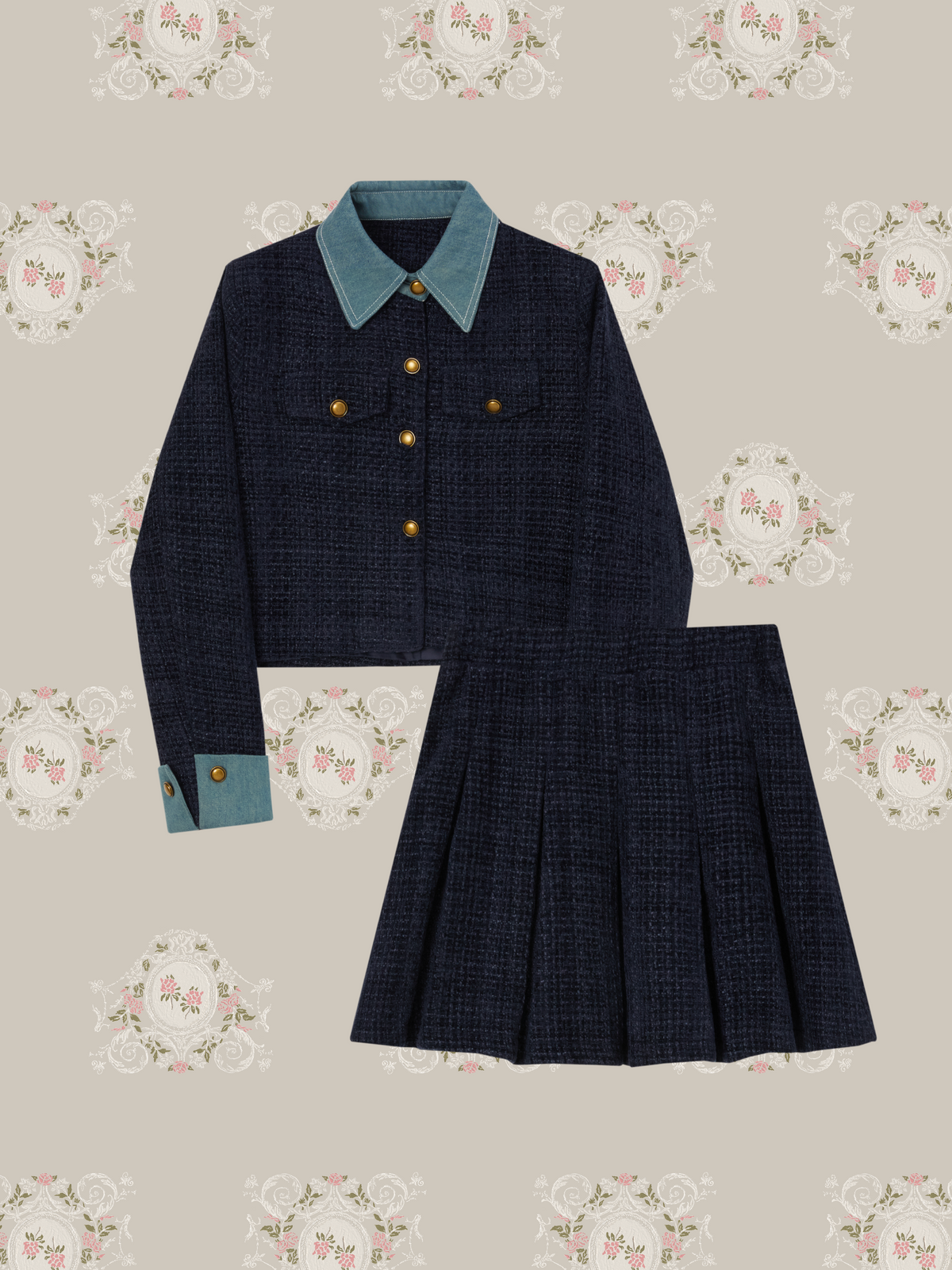 Denim Contrast Tweed Cropped Jacket Set Up/デニムツイードクロップドジャケットセットアップ