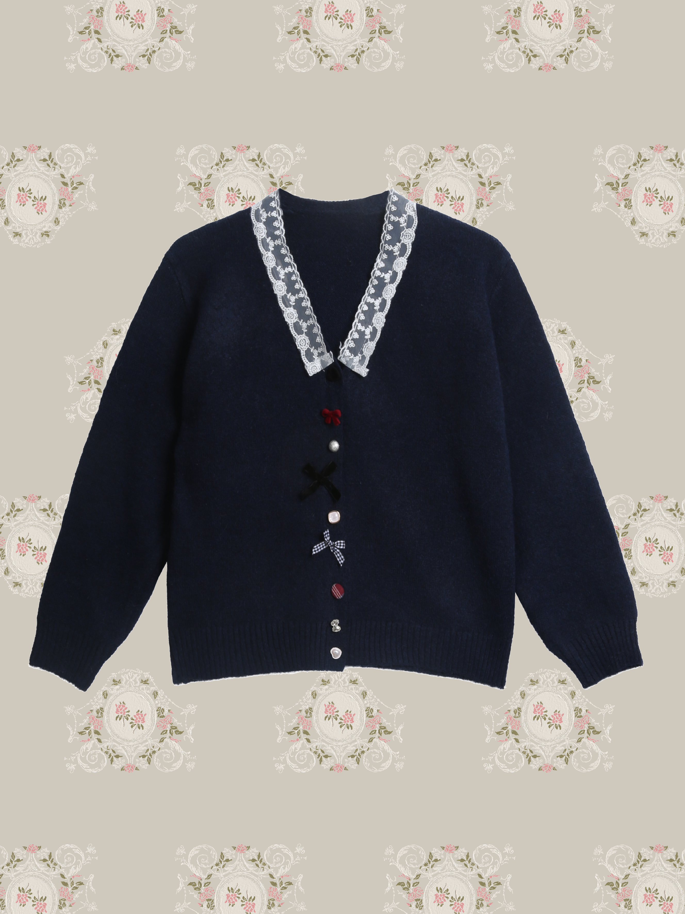 Lace Detail Ribbon Deco Cardigan/レースリボンデコカーディガン