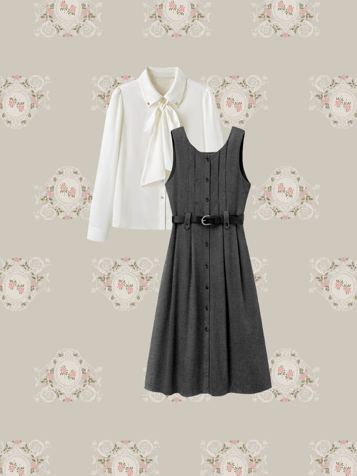Belted Woolly Dress With Bow Tie Collar Blouse Set Up/ベルト付きウールワンピースボウタイブラウスセットアップ