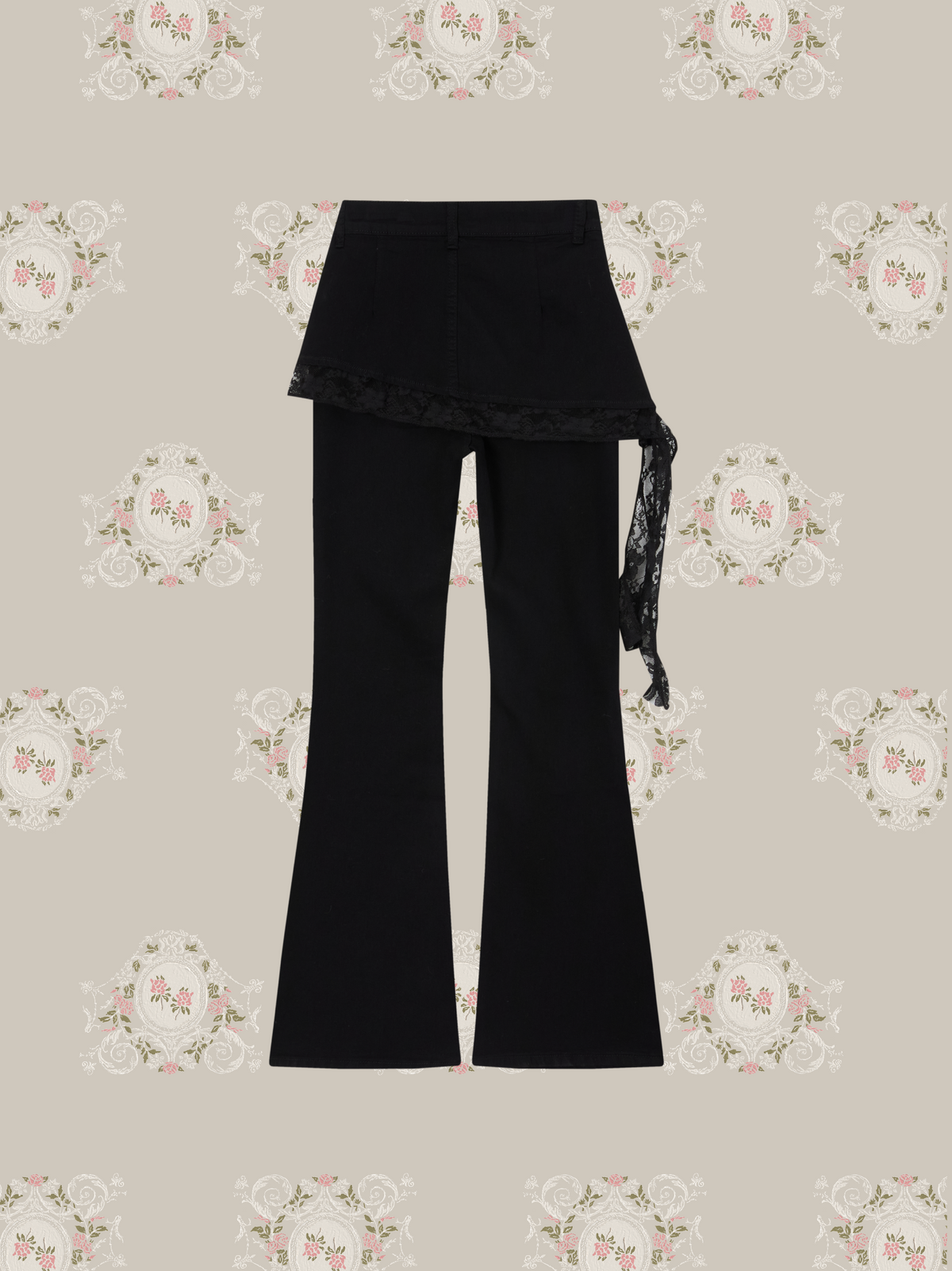 Layer Wrap Skirt Lace Flare Denim Pants/レイヤードラップスカート付きレースフレアデニムパンツ