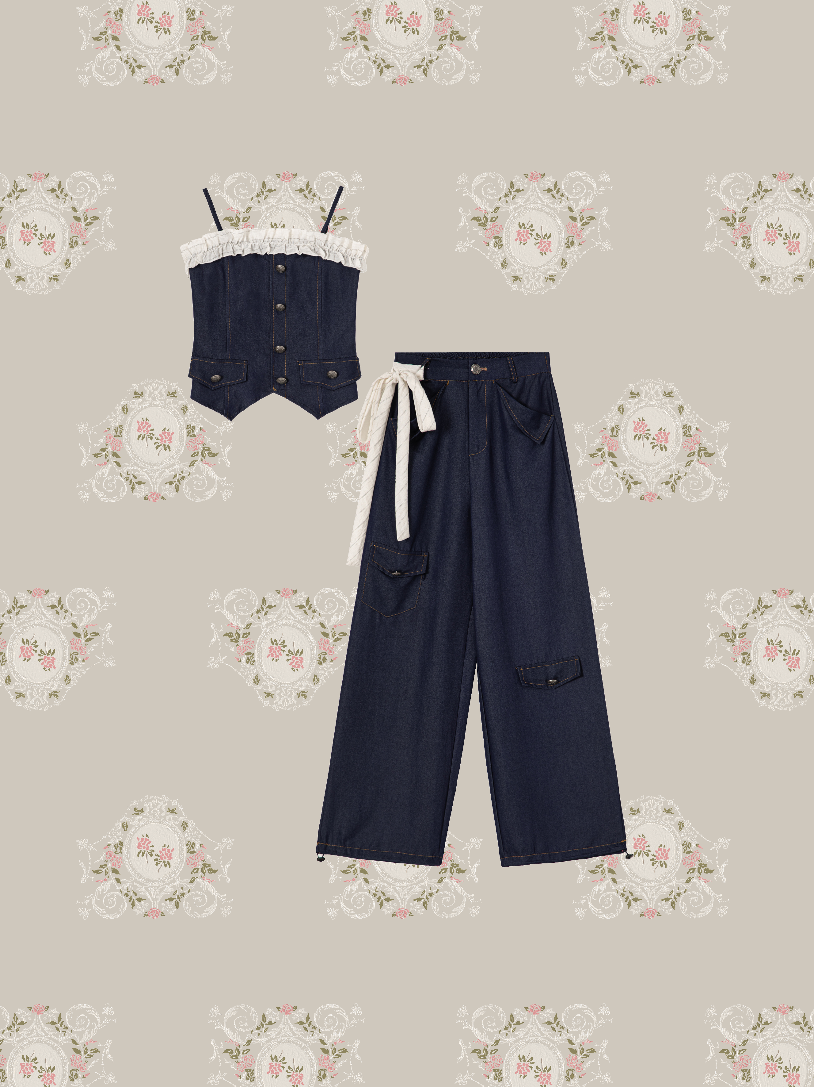 Frill Design Denim Cami Set Up/フリルデザインデニムキャミソールセットアップ