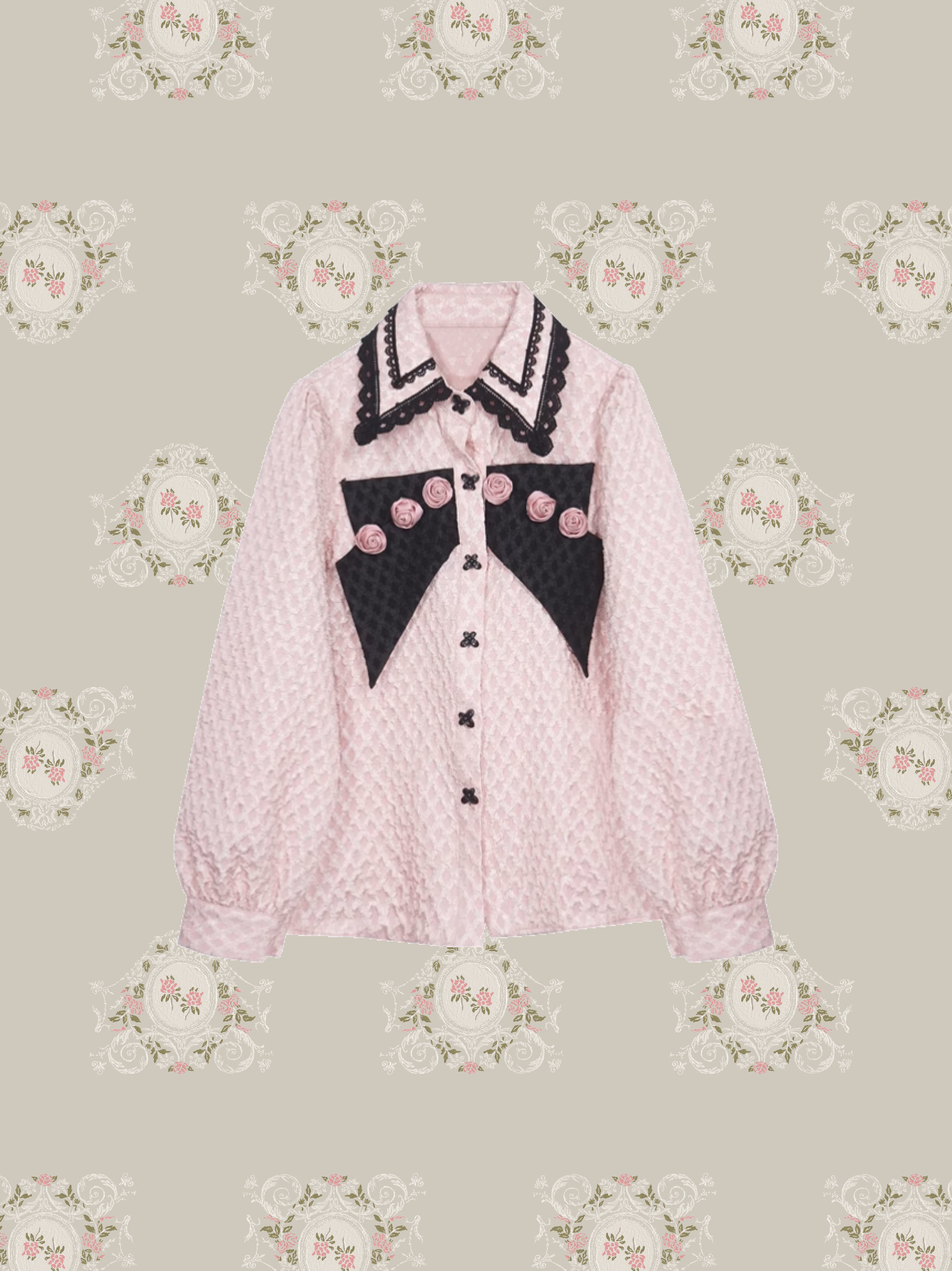 French Flower Applique Pink Shirt/フレンチフラワーアップリケピンクシャツ