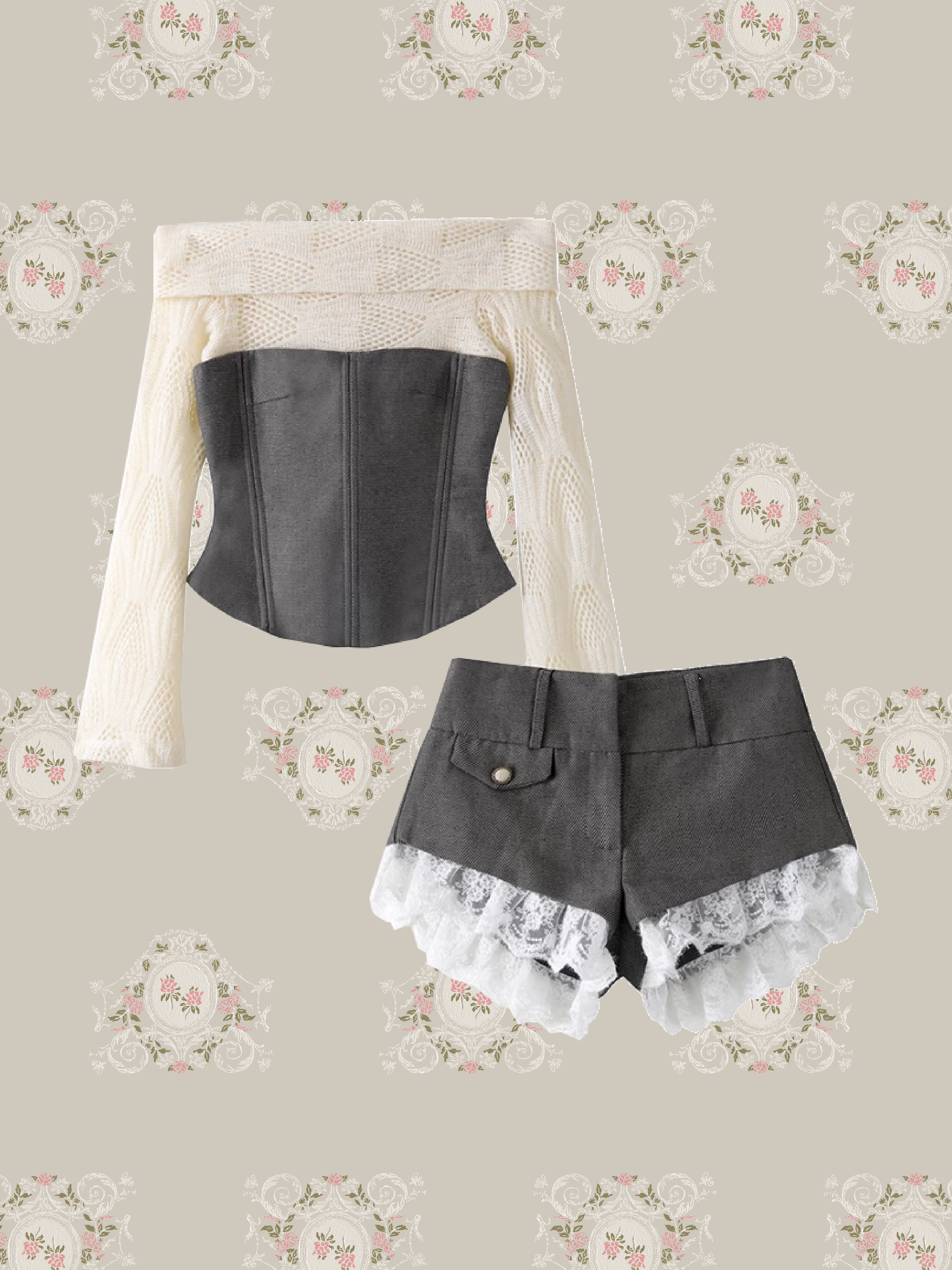 Chic Lace Panel Off-Shoulder Vest Shorts Set Up/シックレースパネルオフショルダーベストショーツセット