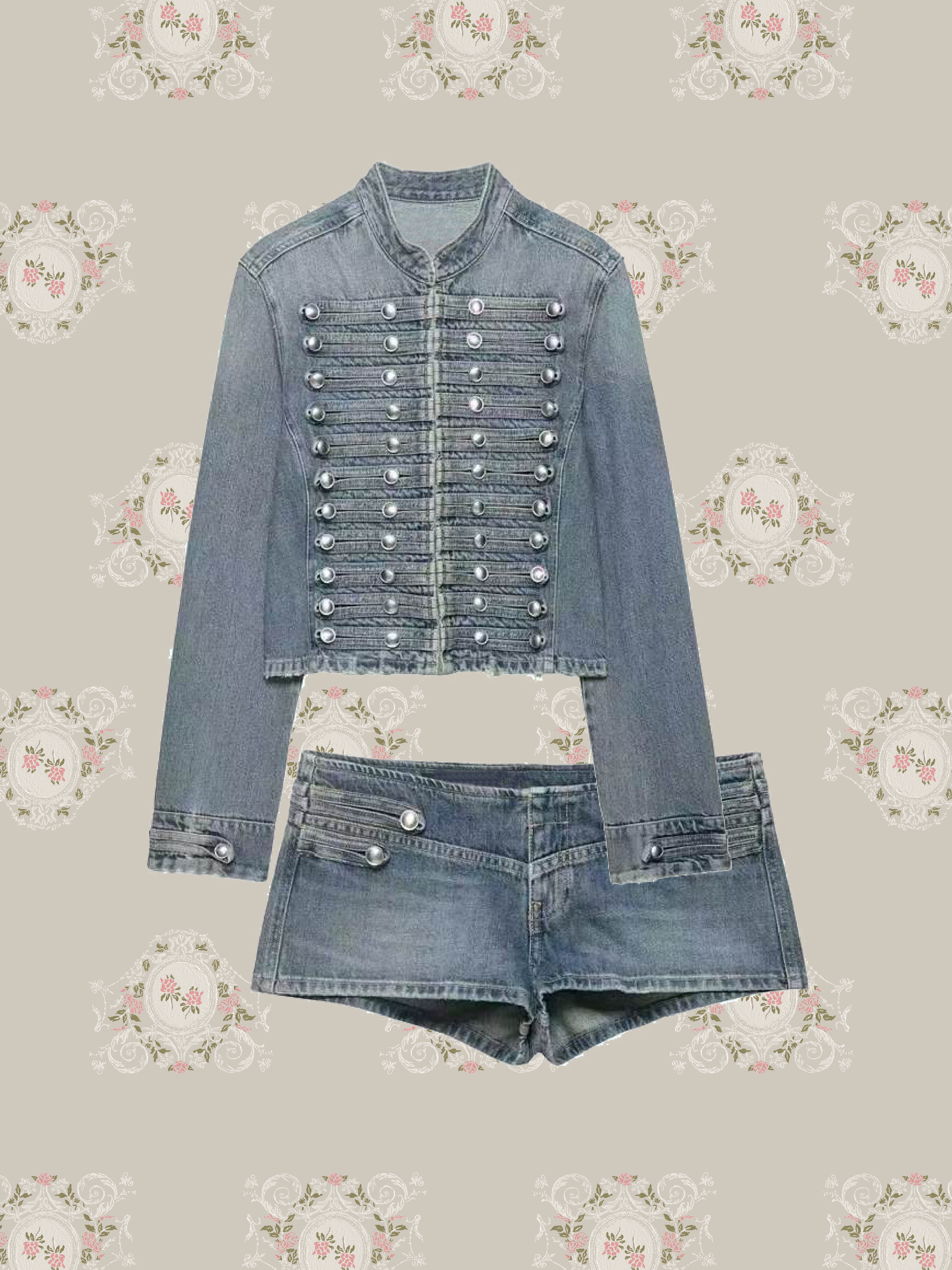 Cropped Rivet Denim Jacket With Short Pants/クロップドリベットデニムジャケットショートパンツ