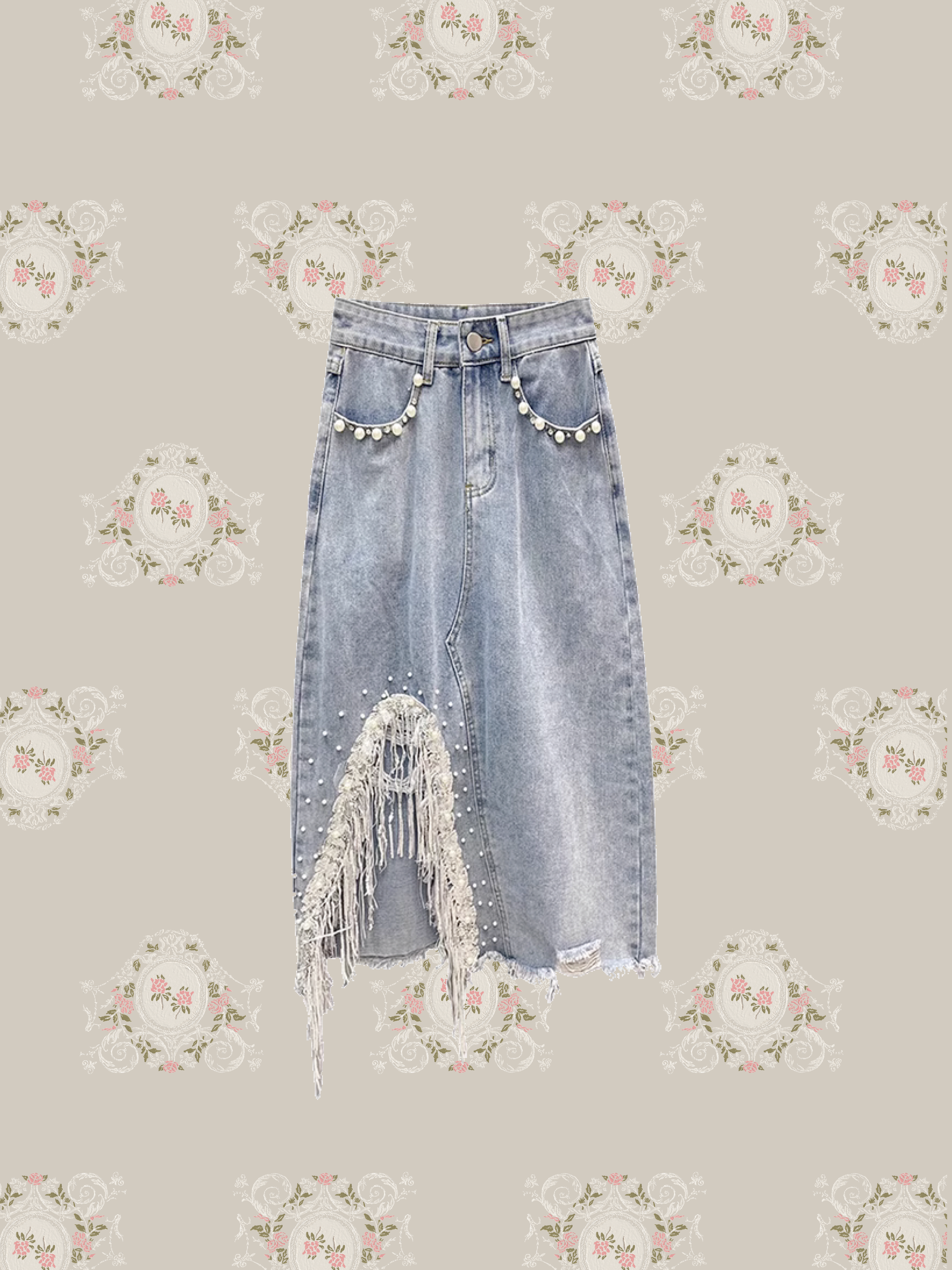 Pearl Deco Broken Design Denim Skirt パールデコブロークンデザインデニムスカート