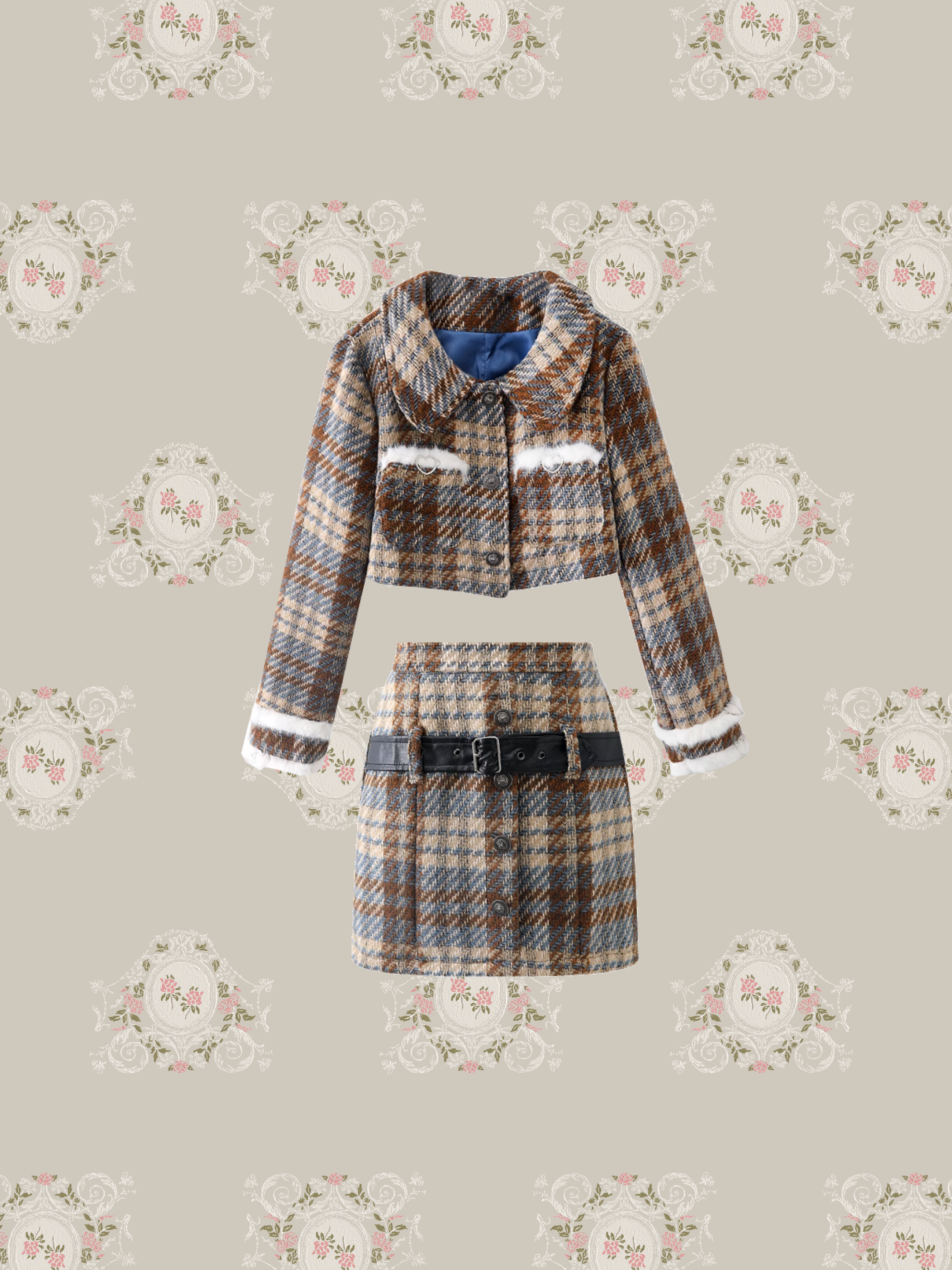 Fluffy Plaid Short Coat Set-Up/ふわふわチェックショートコートセットアップ