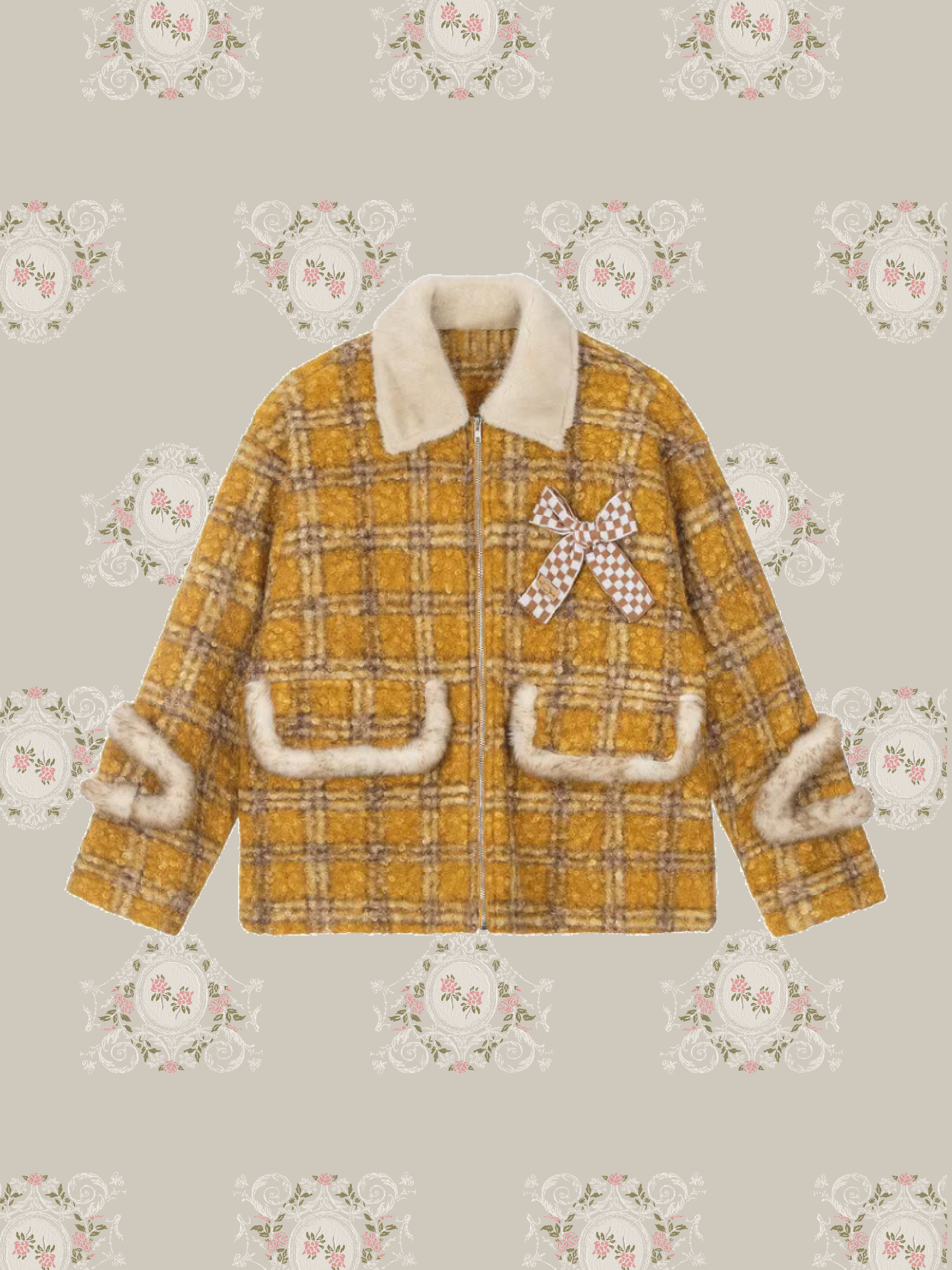 Cute Plaid Fur Ribbon Down Coat/キュートチェック柄ファーリボンダウンコート