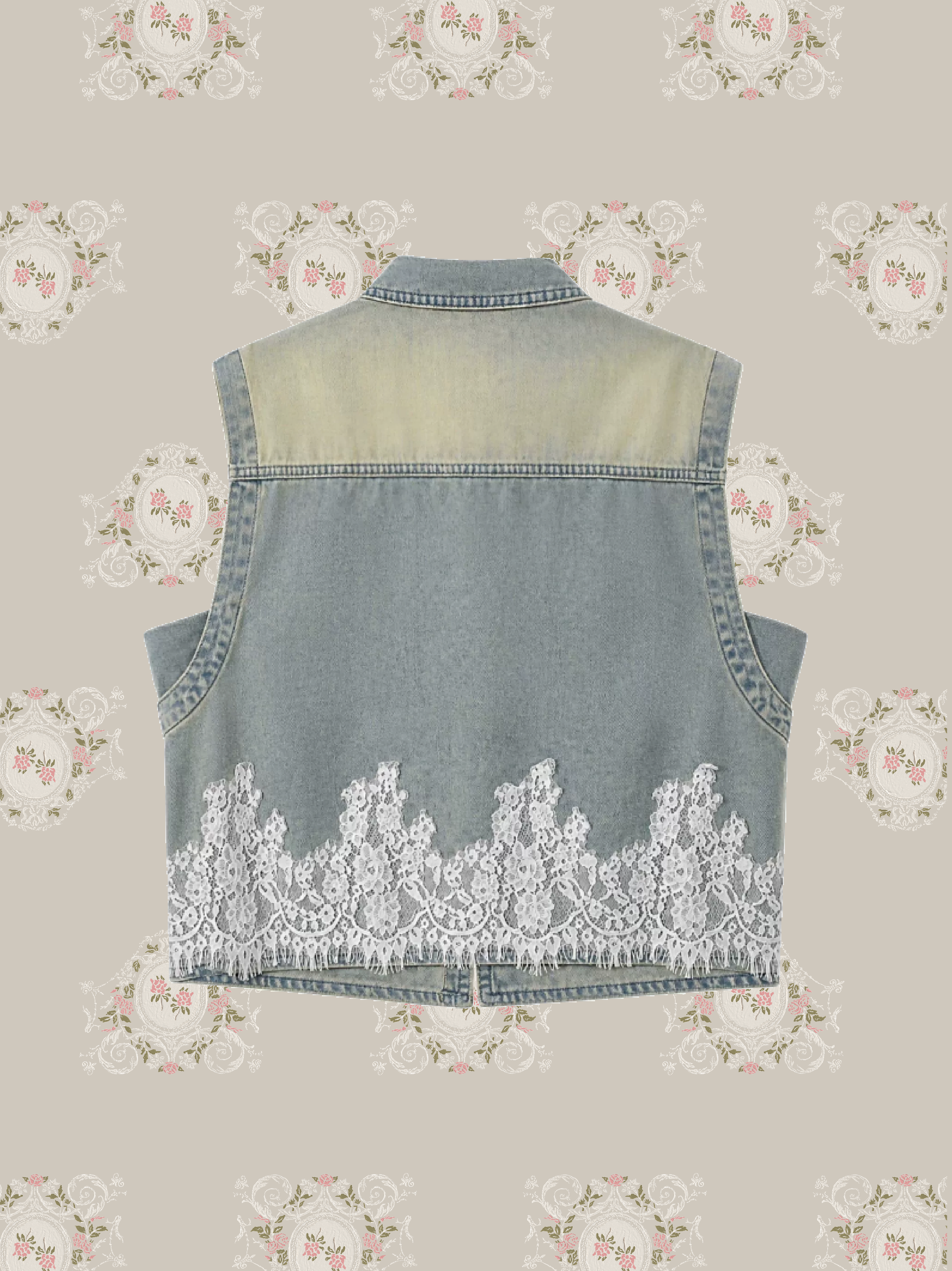 Retro Lace Deco Denim Vest/レトロレースデコデニムベスト