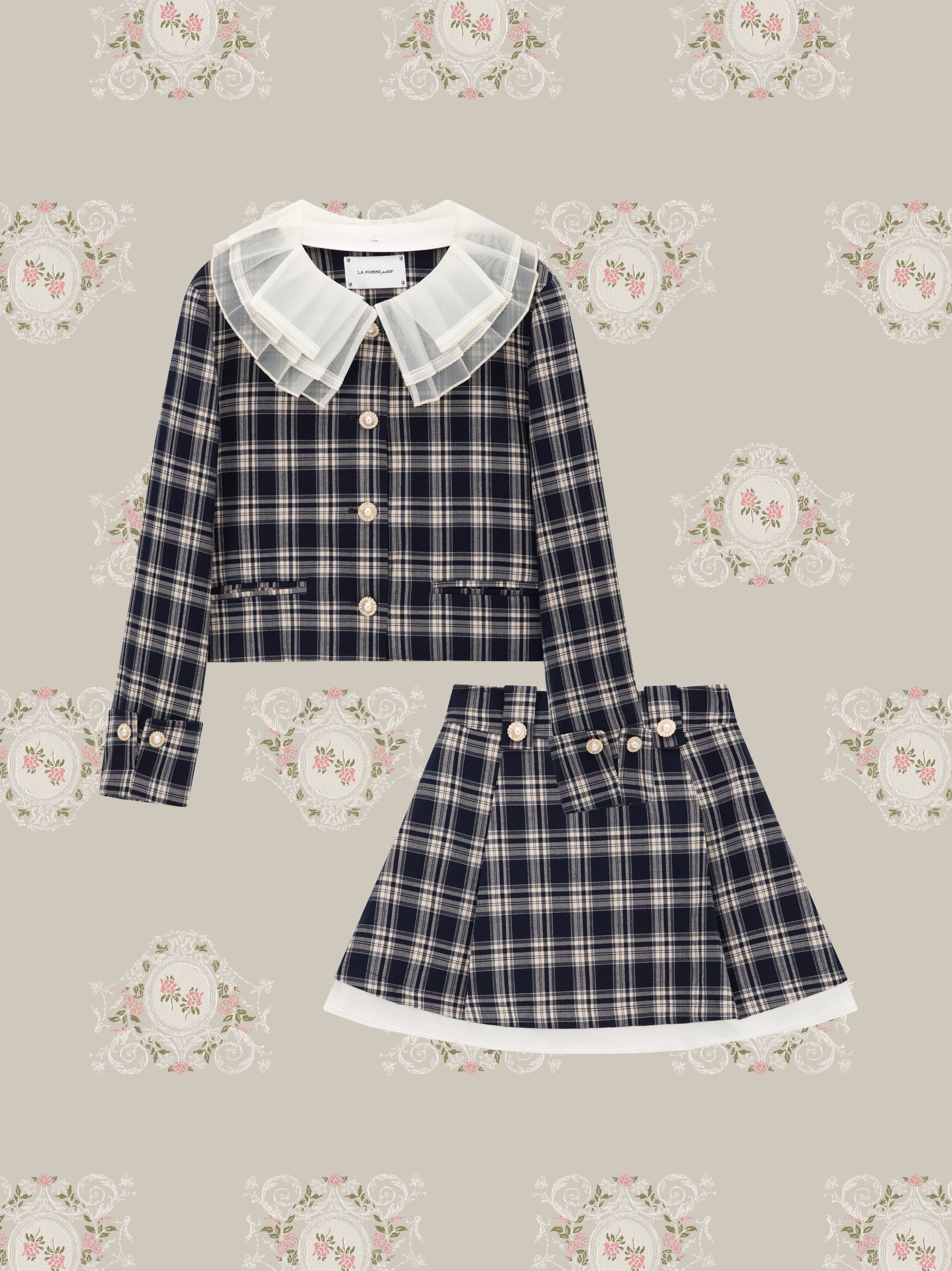 ・予約商品・Lace Collar Plaid Jacket Set Up/レース襟チェック柄ジャケットセットアップ