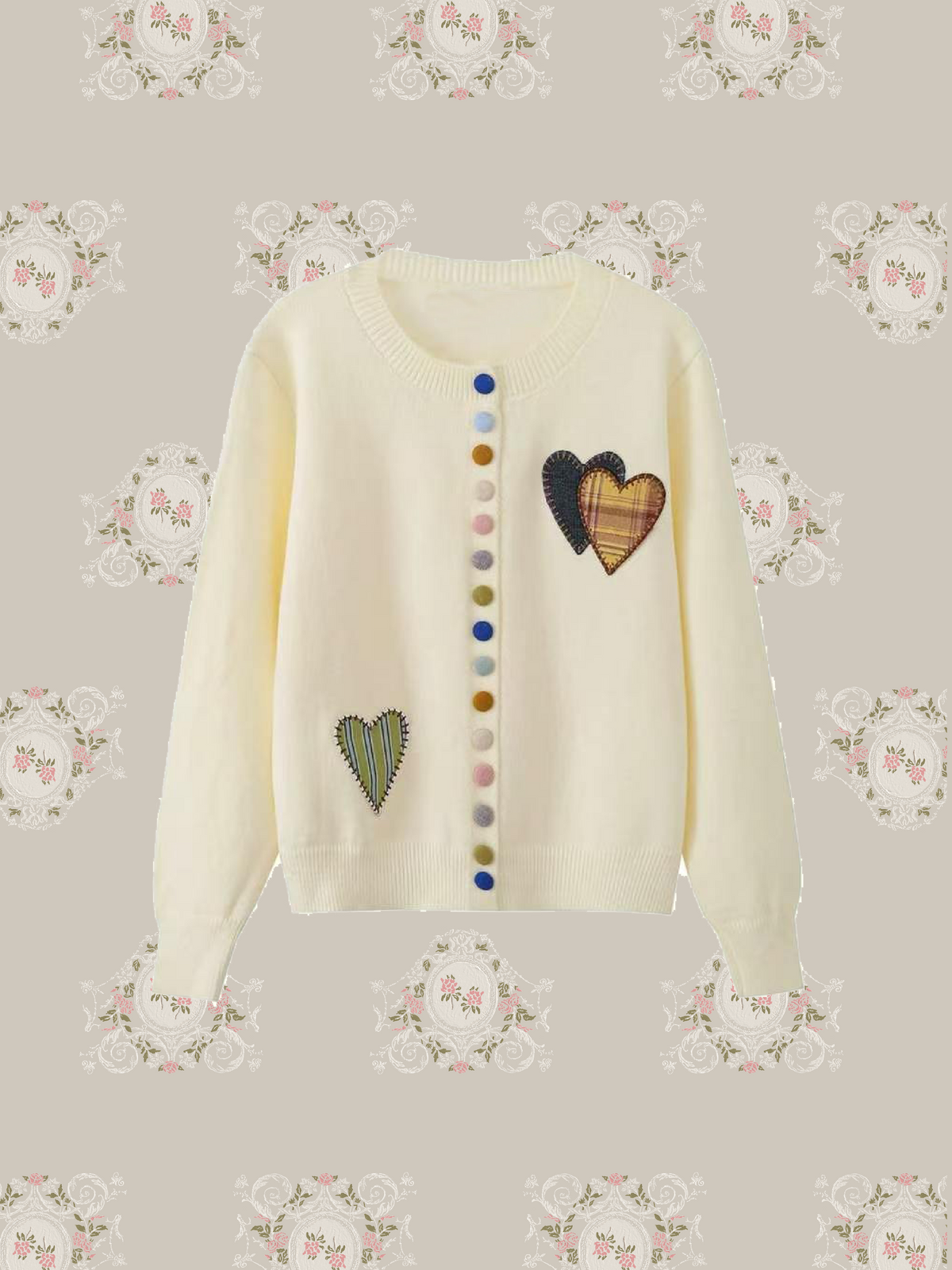 Multi Colored Button Heart Patch Cardigan/マルチカラーハート型ボタンパッチ付きカーディガン