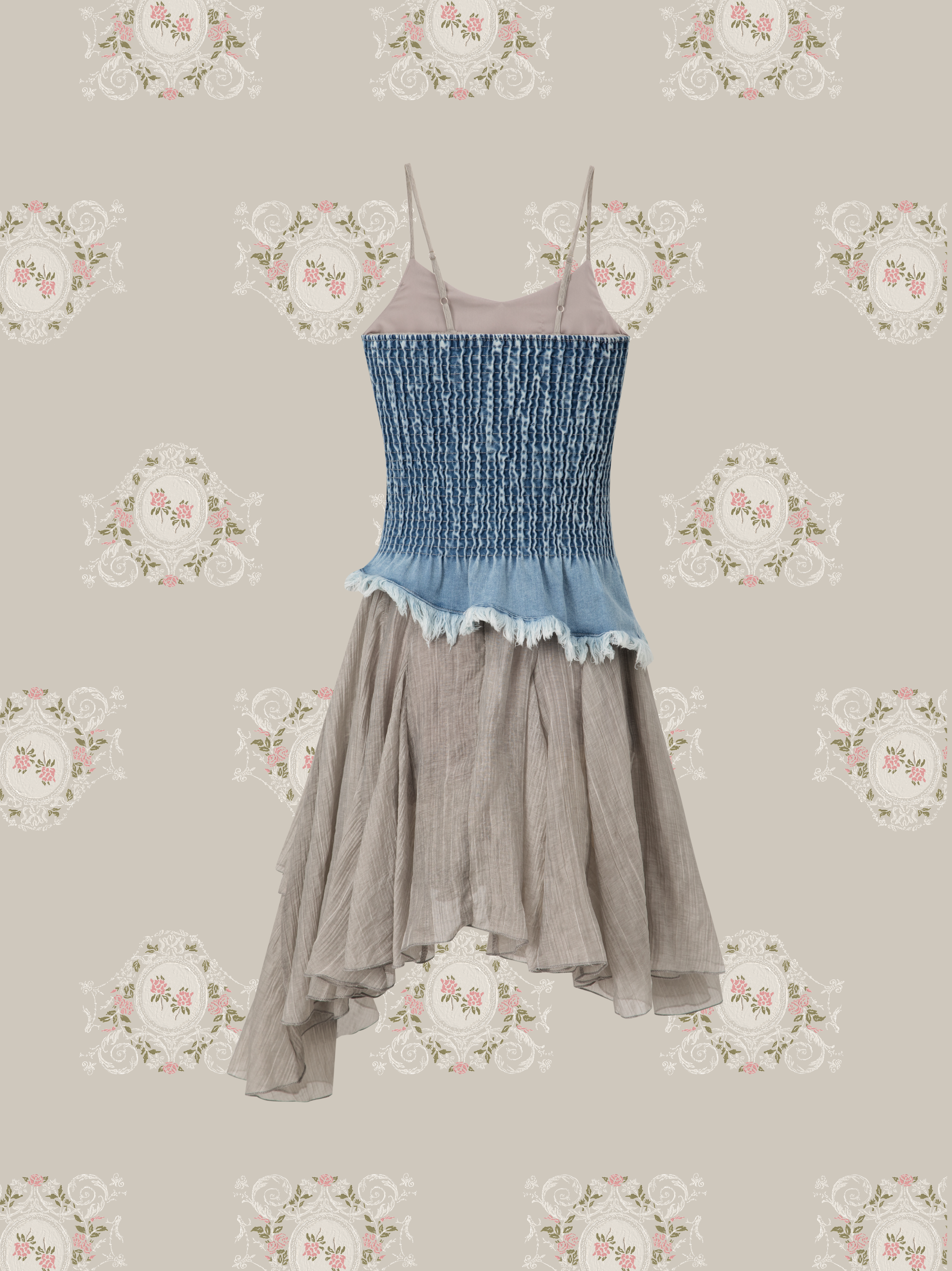 Fringe Denim Corset Mesh Cami Dress Set Up/フリンジデニムコルセットメッシュキャミドレスセット