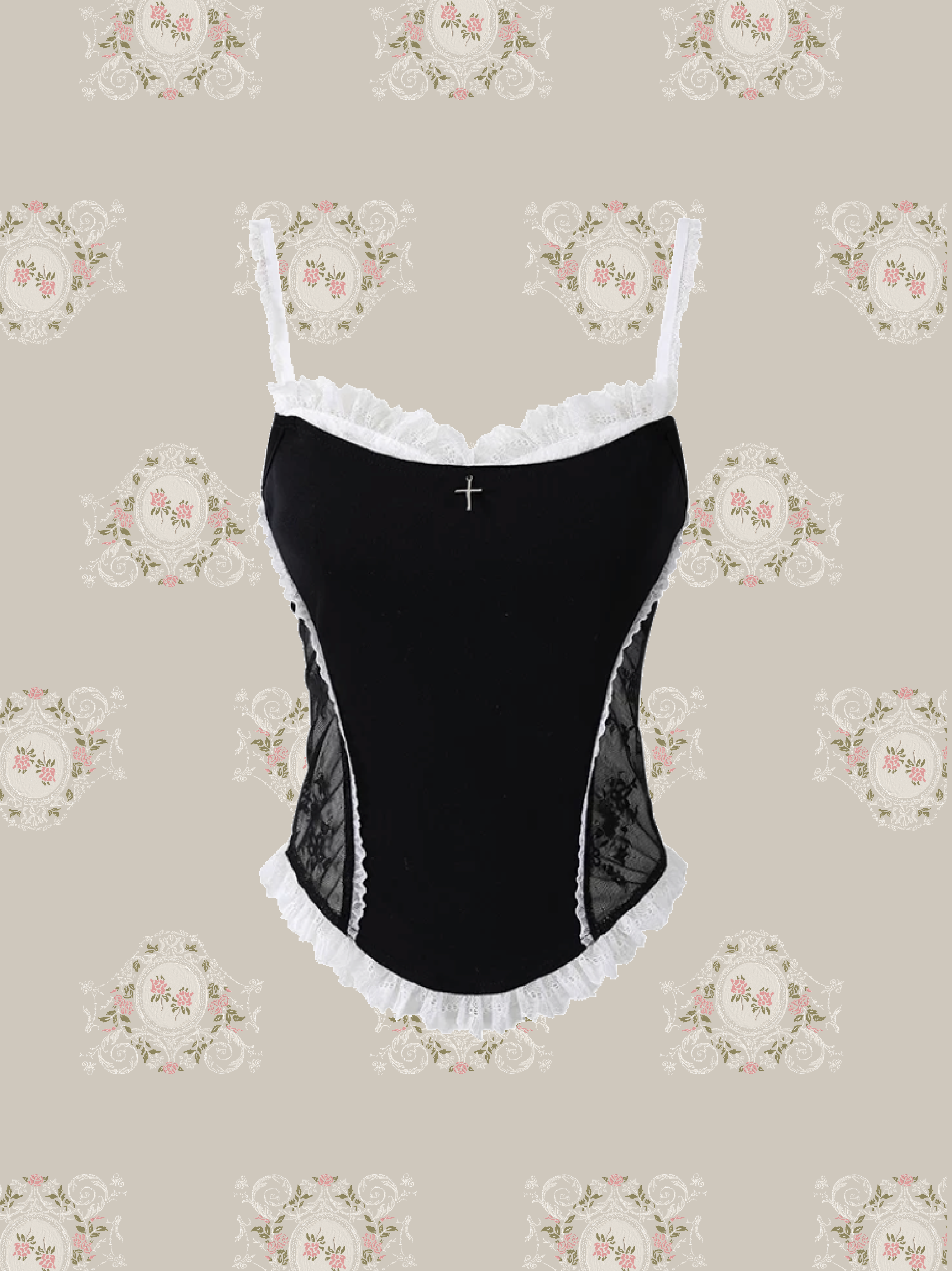 Monochrome Lace Patch Cross Cami Tiered Ruffle Skirt Set Up/モノトーンレースパッチクロスキャミティアードフリルスカートセットアップ