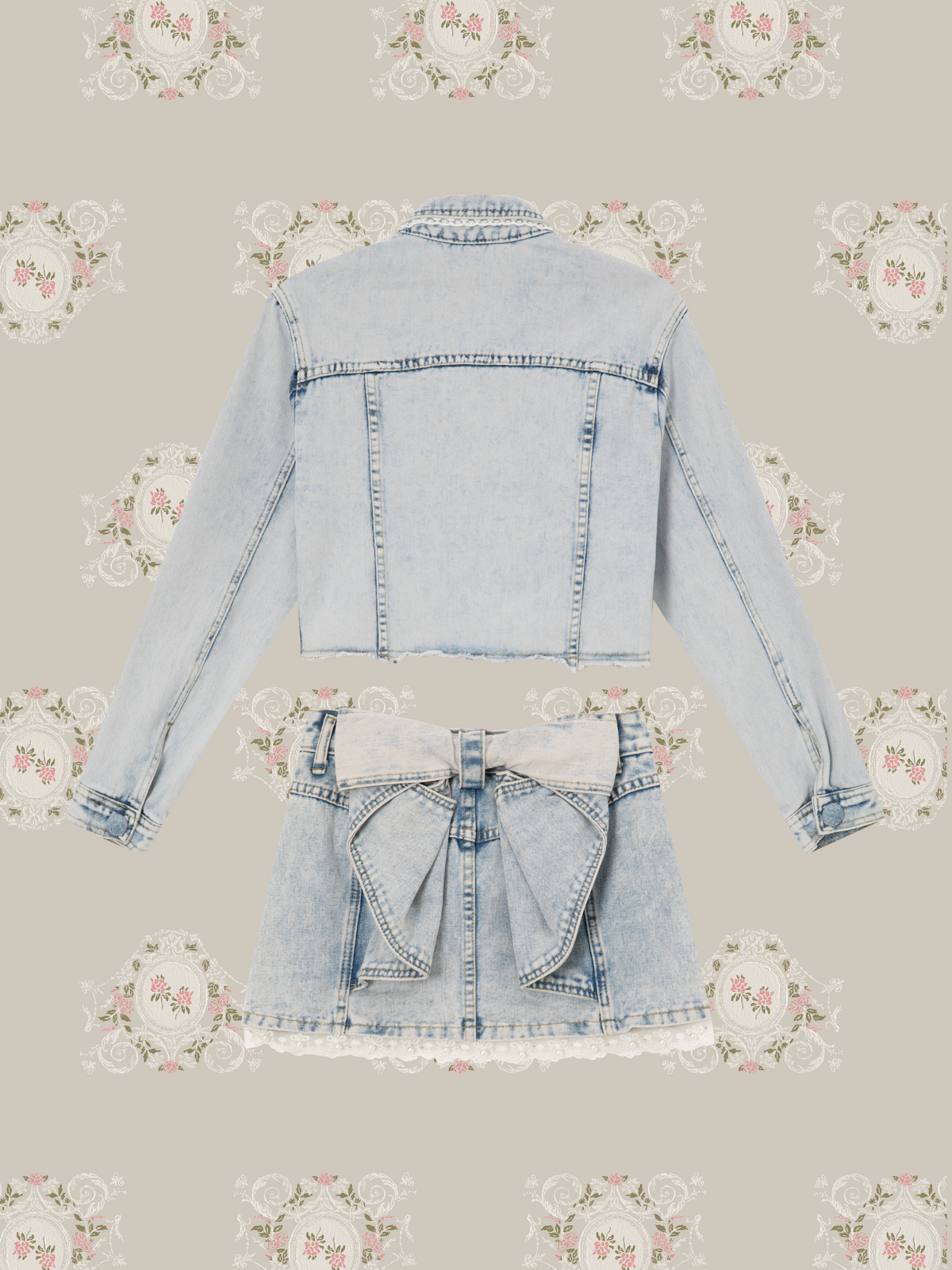 Bow Ruffle Cropped Denim Jacket Set Up/リボンラッフルクロップドデニムジャケットセットアップ