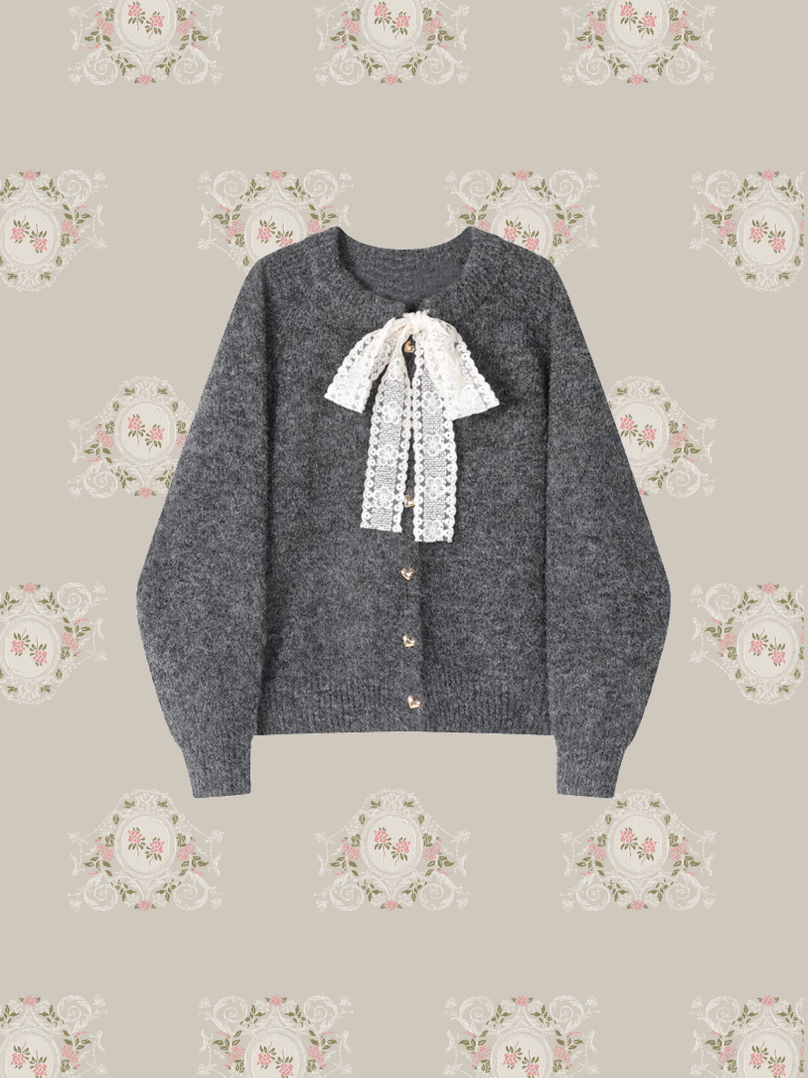 Front Ribbon Heart Button Cardigan/フロントリボンハートボタンカーディガン