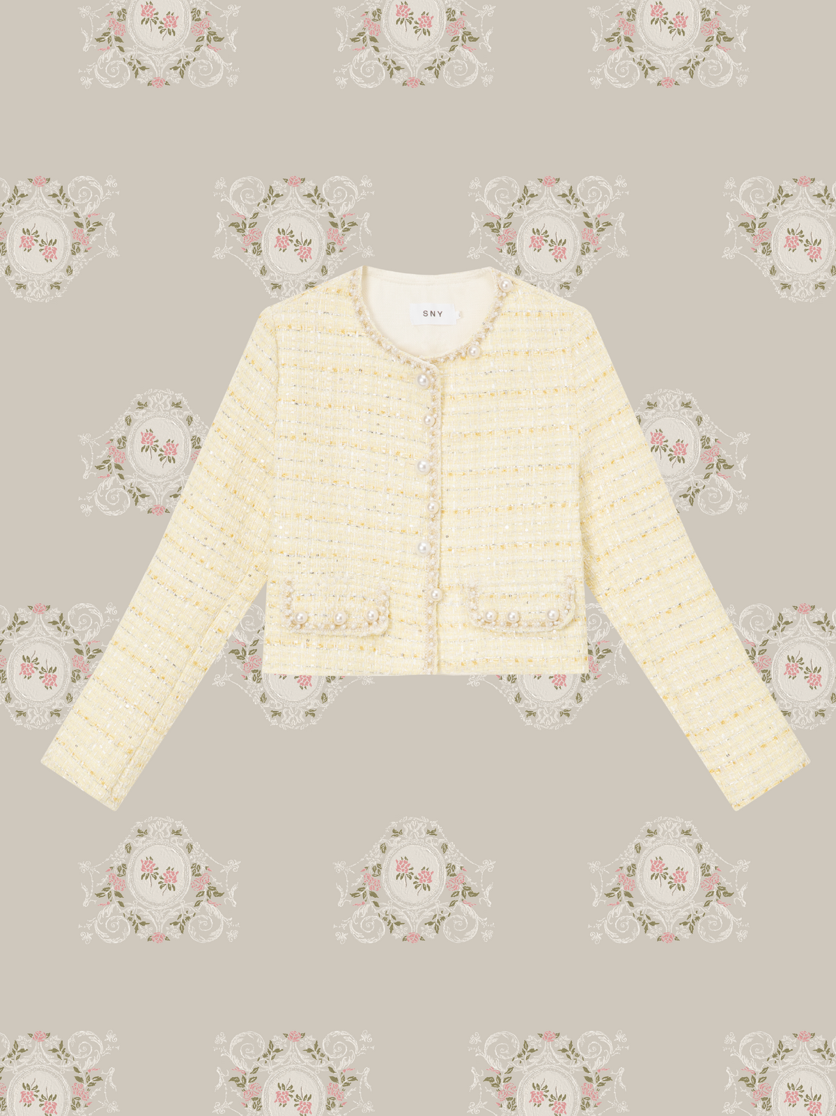 Pale Yellow Pearl Tweed Jacket Short Pants Set Up/ペールイエローパール付きツイードジャケットショートパンツセットアップ