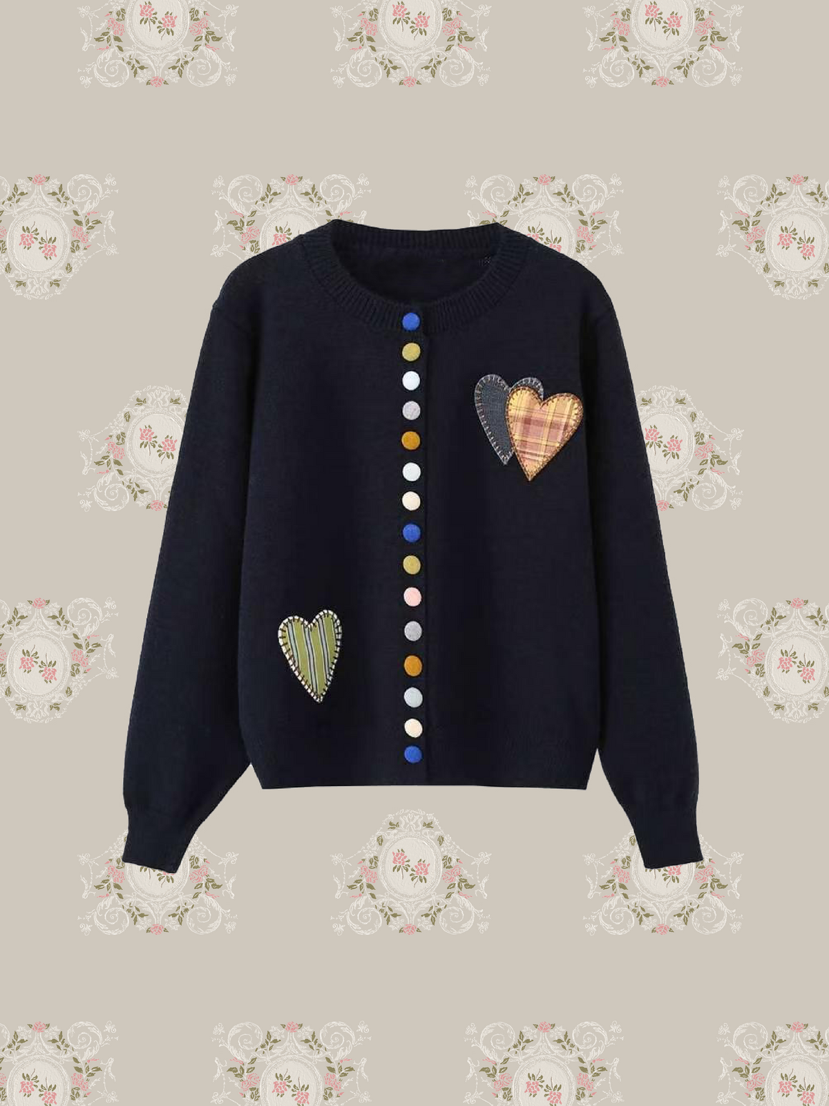 Multi Colored Button Heart Patch Cardigan/マルチカラーハート型ボタンパッチ付きカーディガン