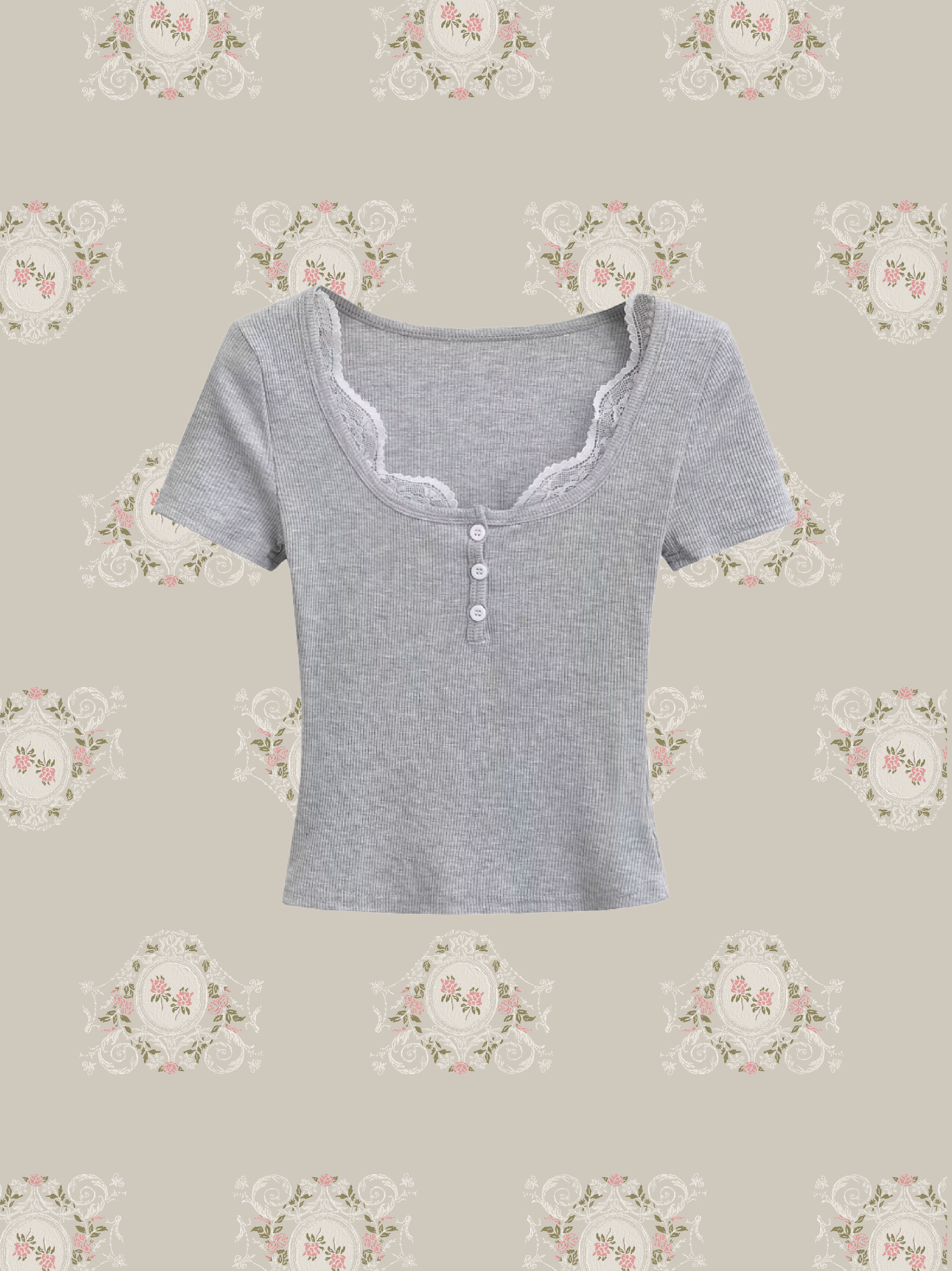 Lace Stitching Square Collar Top/レースステッチスクエアカラートップス