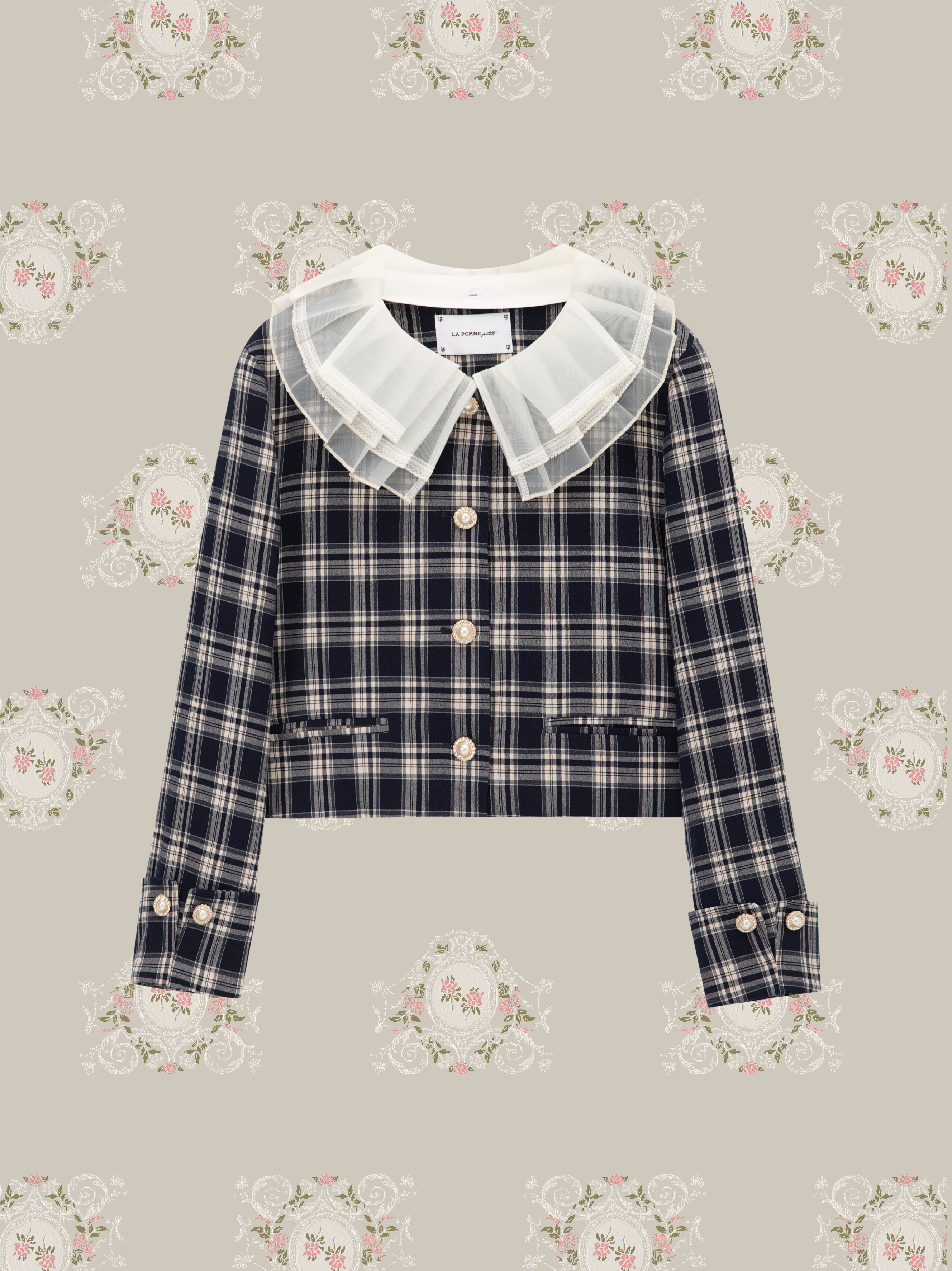 ・予約商品・Lace Collar Plaid Jacket Set Up/レース襟チェック柄ジャケットセットアップ