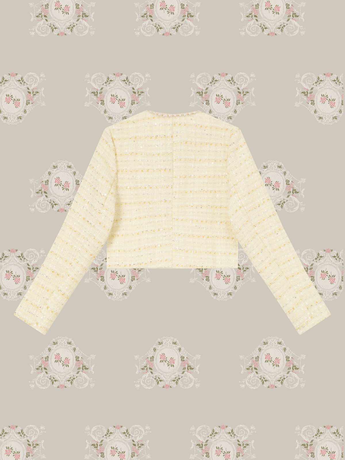 Pale Yellow Pearl Tweed Jacket Short Pants Set Up/ペールイエローパール付きツイードジャケットショートパンツセットアップ