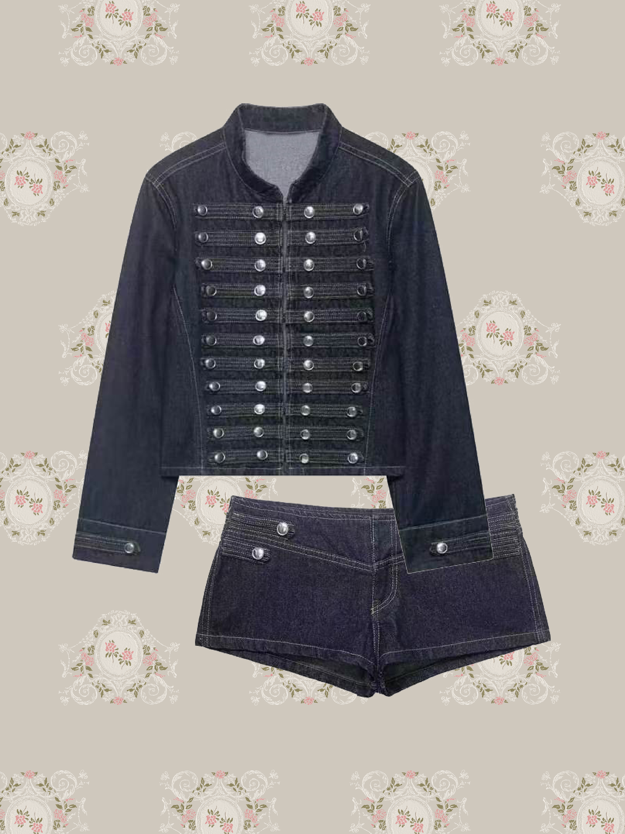 Cropped Rivet Denim Jacket With Short Pants/クロップドリベットデニムジャケットショートパンツ