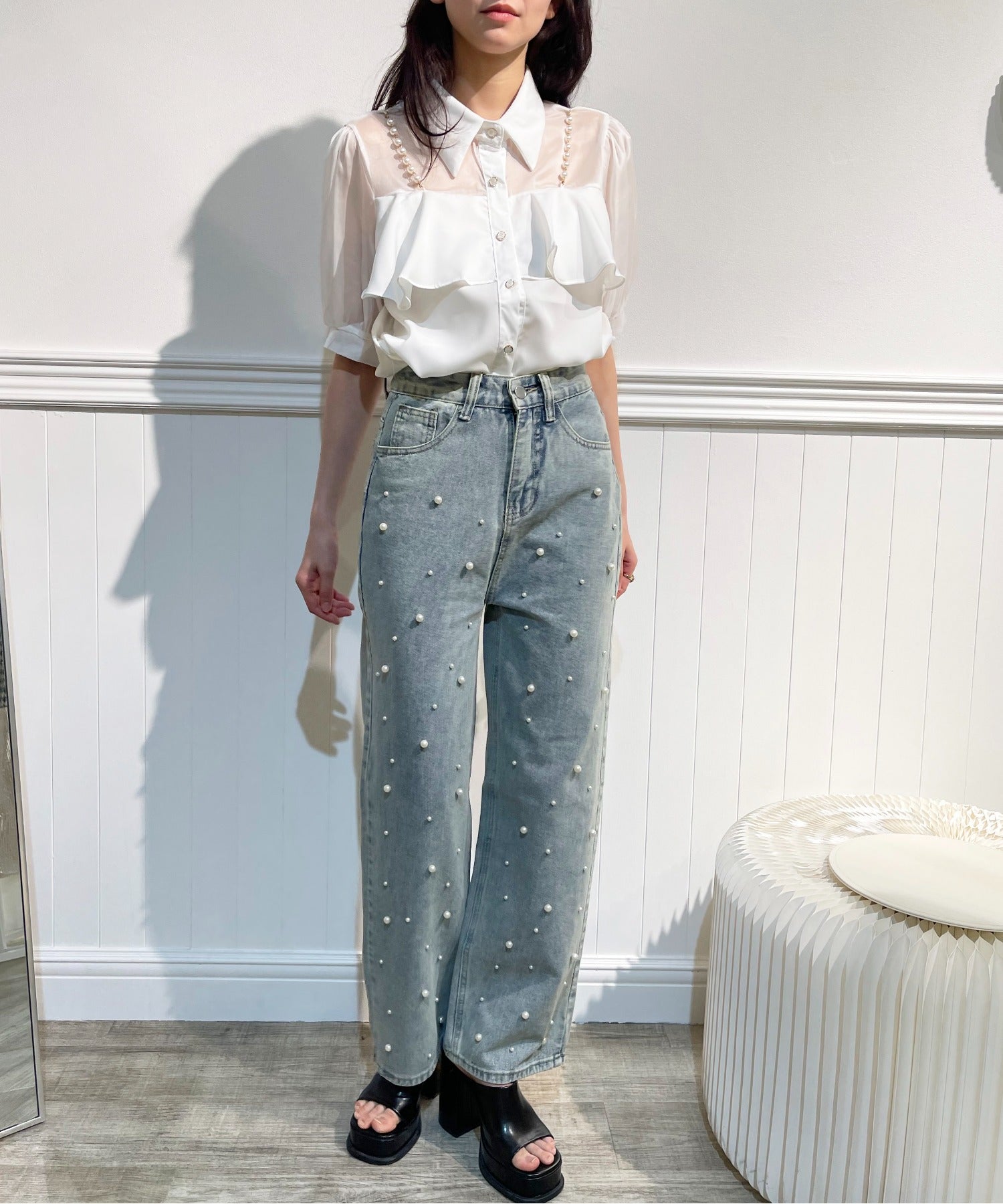 Pearl Deco Wide Denim Pants パールデコワイドデニムパンツ.