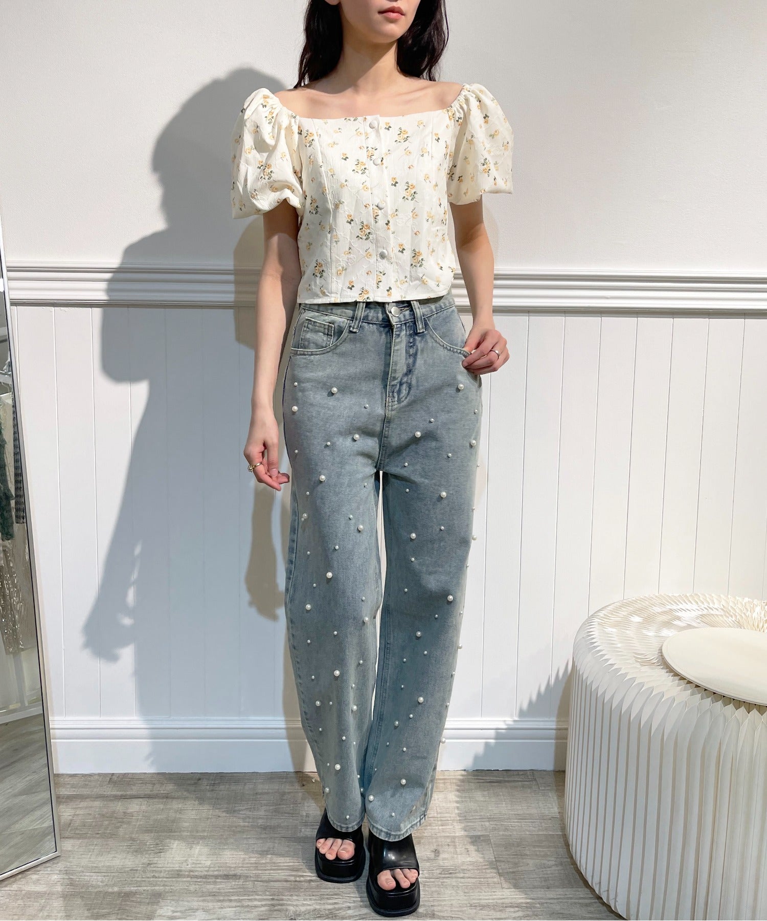 Pearl Deco Wide Denim Pants パールデコワイドデニムパンツ.
