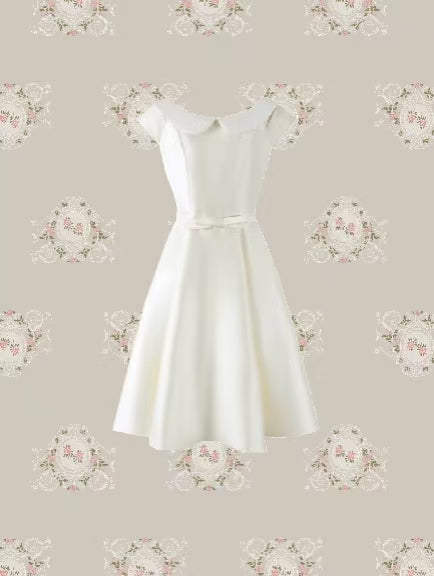 Elegant Collar Waisted Satin Dress/エレガント襟ウエストサテンドレス