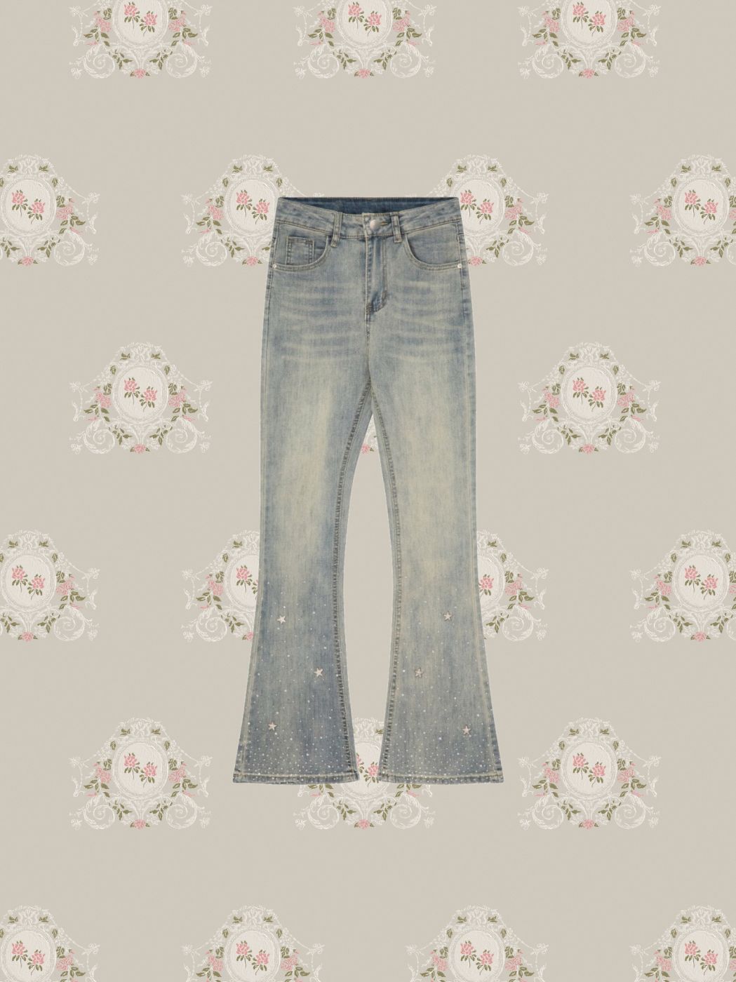 High Waist Star Crystal Studded Hem Denim Pants/ハイウエストスタークリスタルヘムデニムパンツ