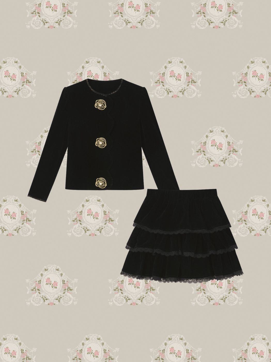 Rose Embroidered Velvet Set Up/バラ刺繍入りベルベットセットアップ