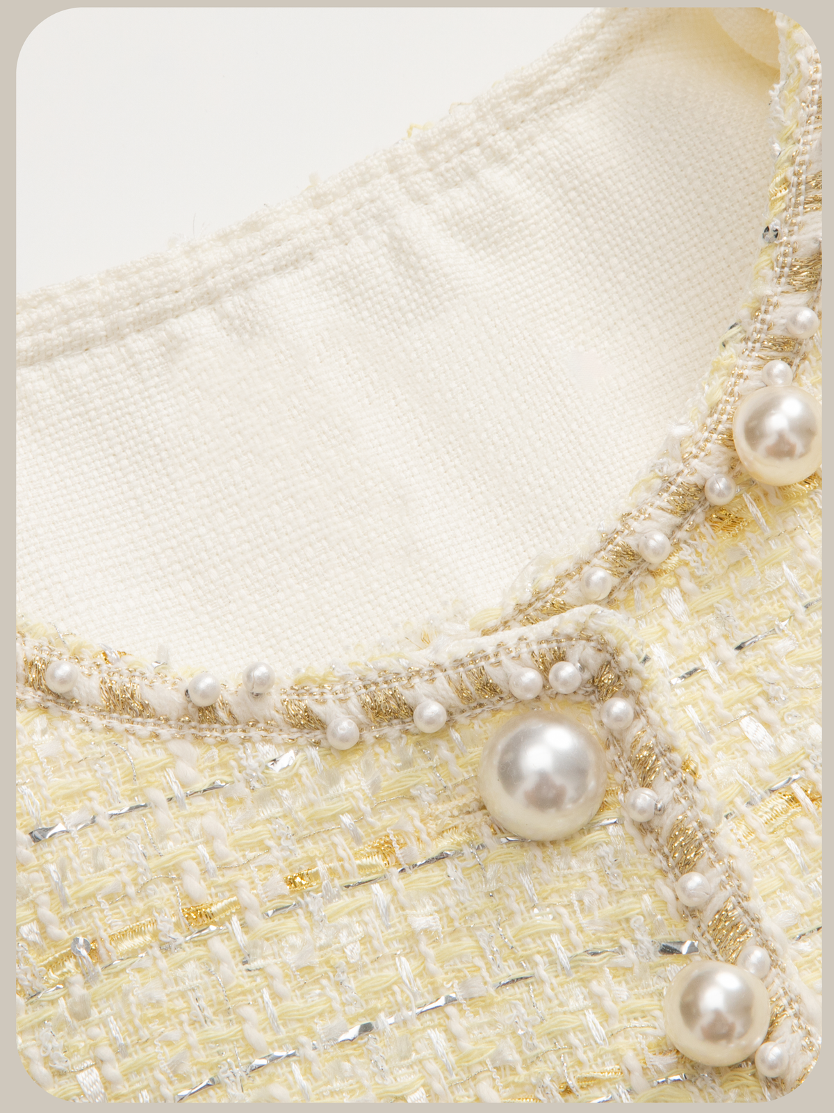 Pale Yellow Pearl Tweed Jacket Short Pants Set Up/ペールイエローパール付きツイードジャケットショートパンツセットアップ