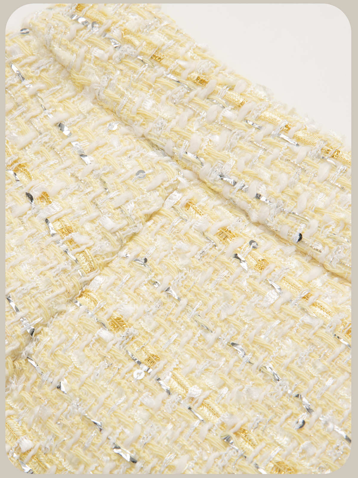 Pale Yellow Pearl Tweed Jacket Short Pants Set Up/ペールイエローパール付きツイードジャケットショートパンツセットアップ