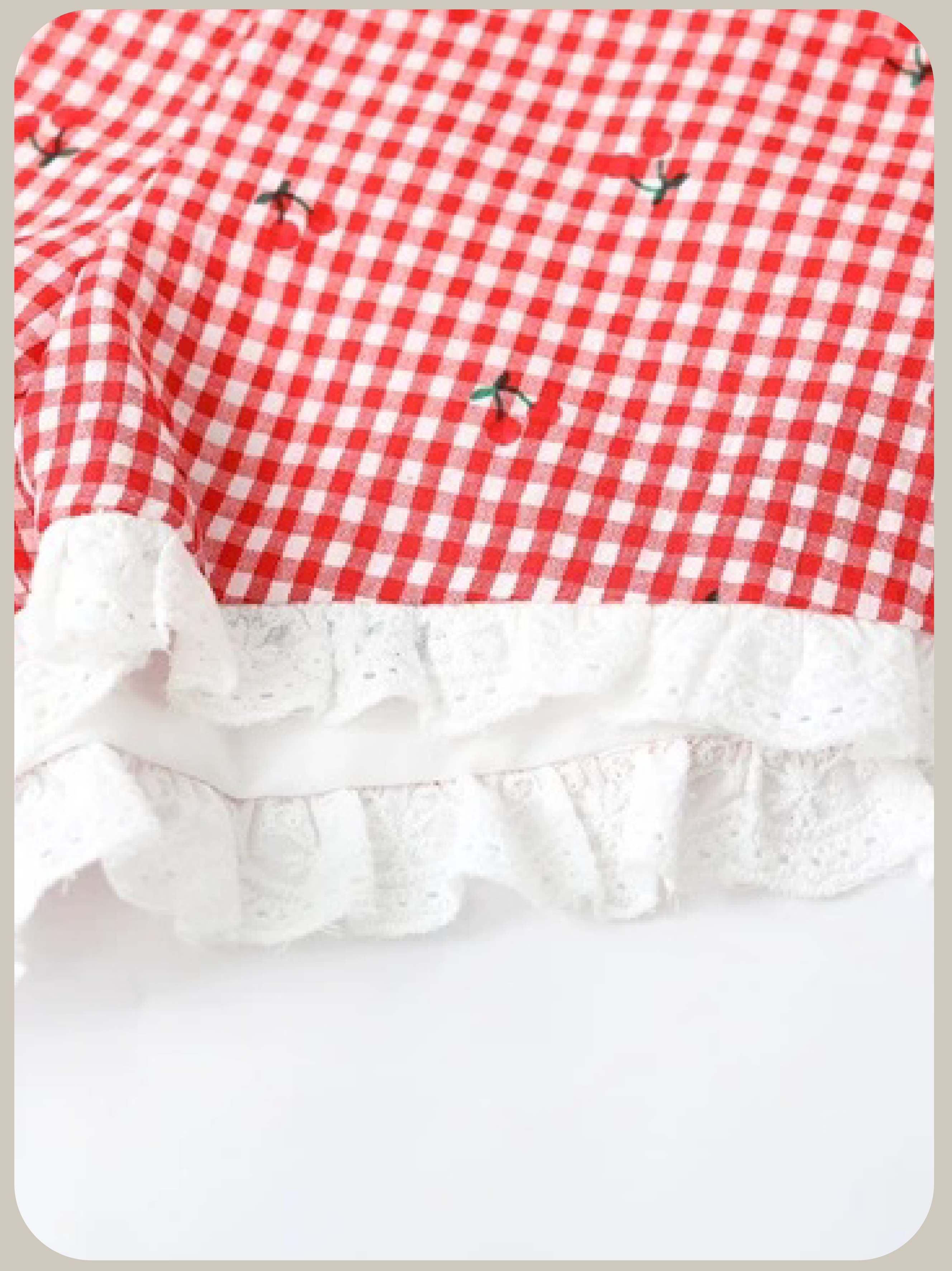 Cheery Lace Trim Puff Sleeve Gingham Set Up/チェリーレーストリムパフスリーブギンガムチェックセットアップ