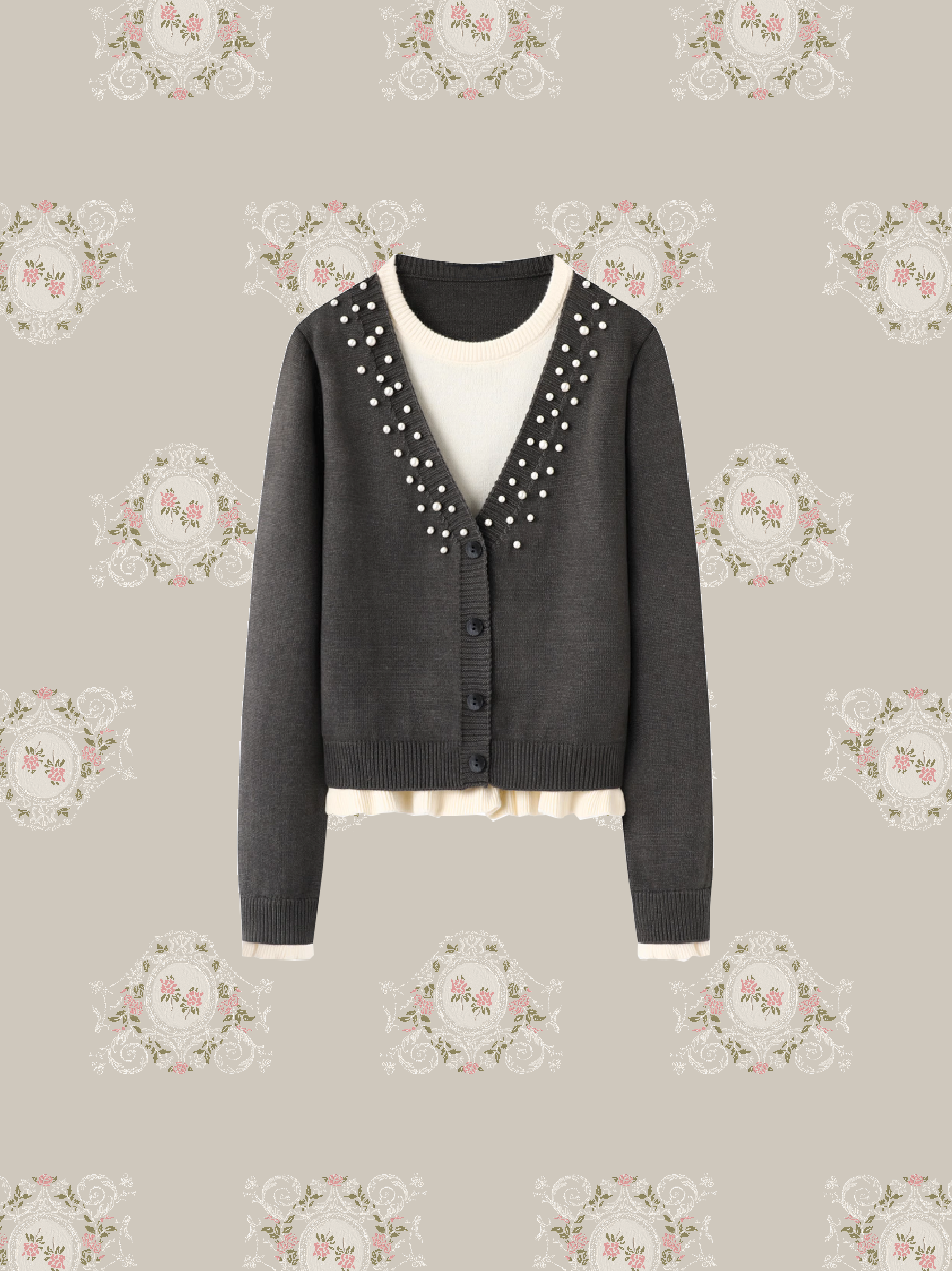 Fake Two Pearl Deco Cardigan/フェイクツーパールデコカーディガン