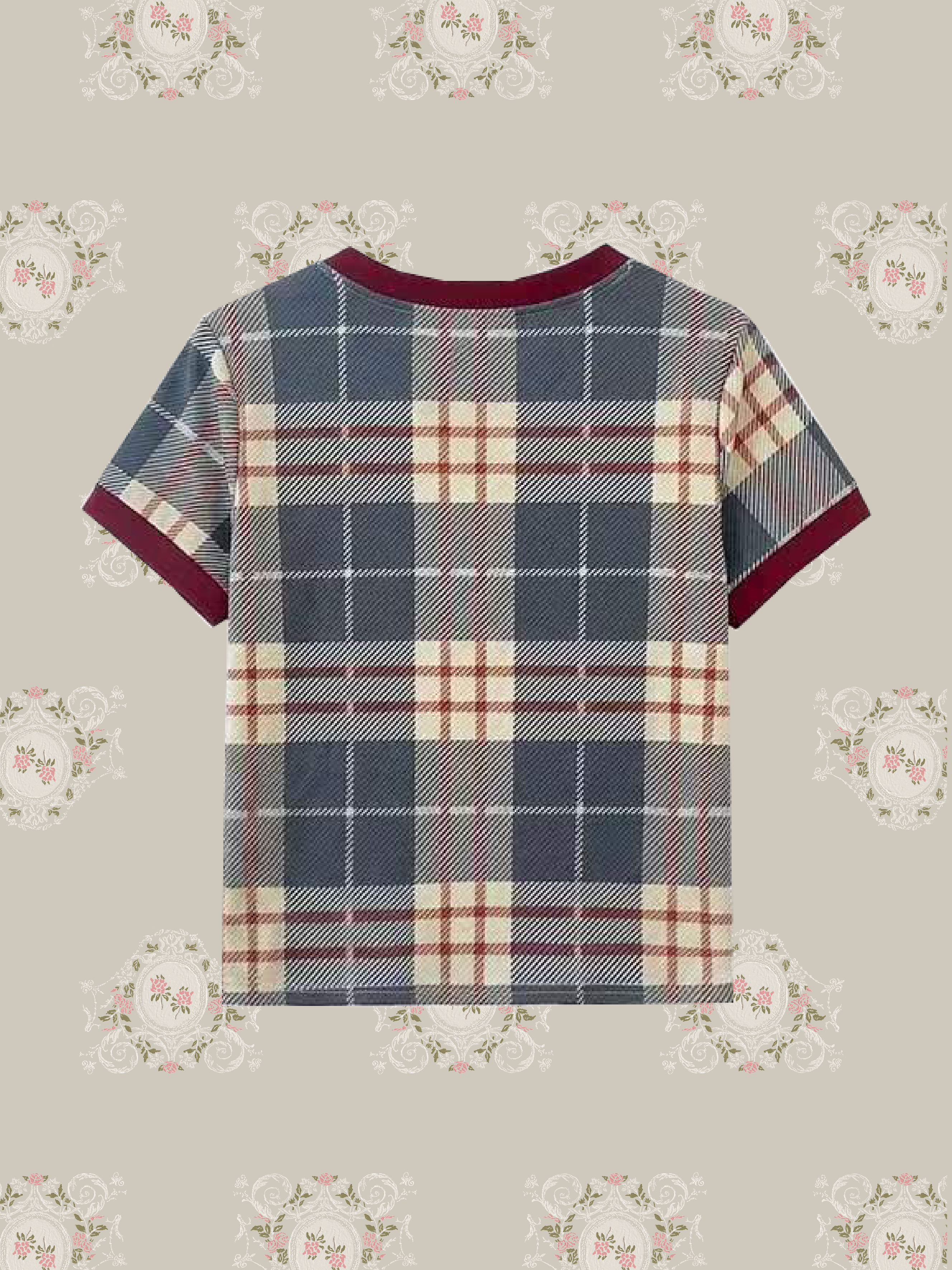 Bow Accent Contrast Plaid T/リボンアクセントコントラストチェックTシャツ