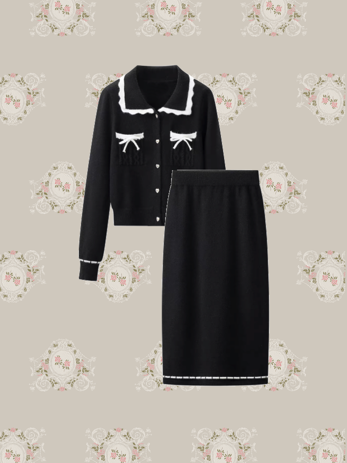 Lace Trim Collar Knit Cardigan Set Up/レーストリム襟付きカーディガン&スカートセットアップ