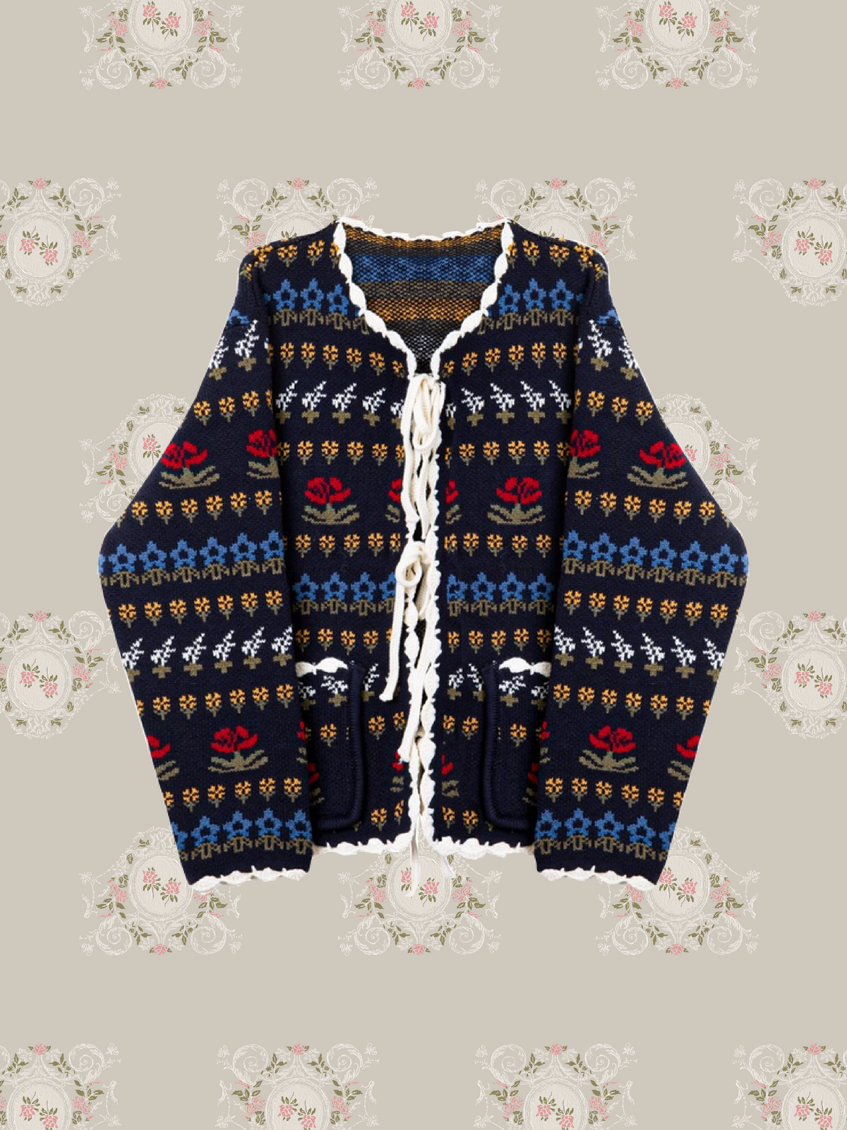 Scallop Trim Lace Up Floral Jacquard Cardigan/スカラップトリム レースアップ花柄ジャカードカーディガン